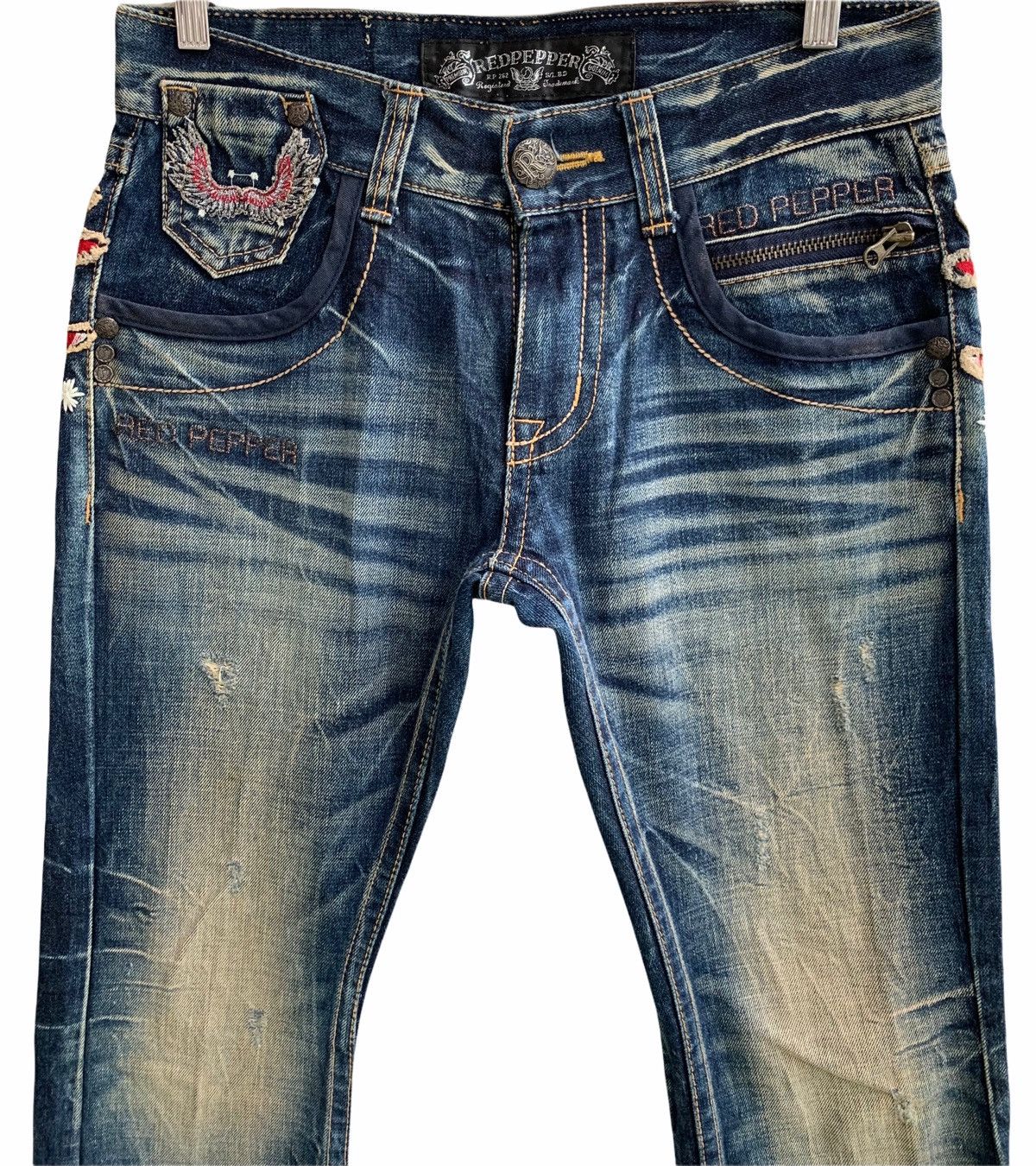 Japanese Brand Red peper embroidery spellout lot of patch distressed denim Size US 31 - 5 Thumbnail