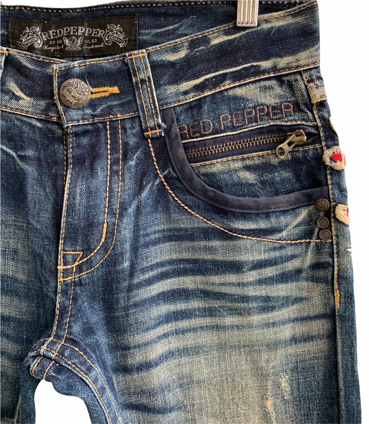 Japanese Brand Red peper embroidery spellout lot of patch distressed denim Size US 31 - 7 Thumbnail