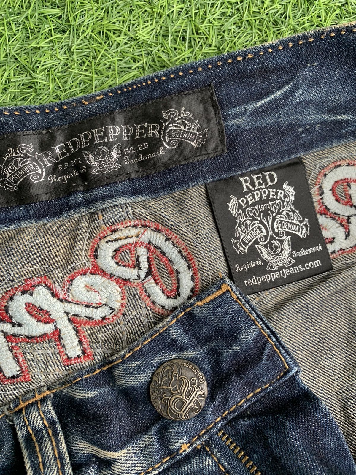 Japanese Brand Red peper embroidery spellout lot of patch distressed denim Size US 31 - 16 Thumbnail