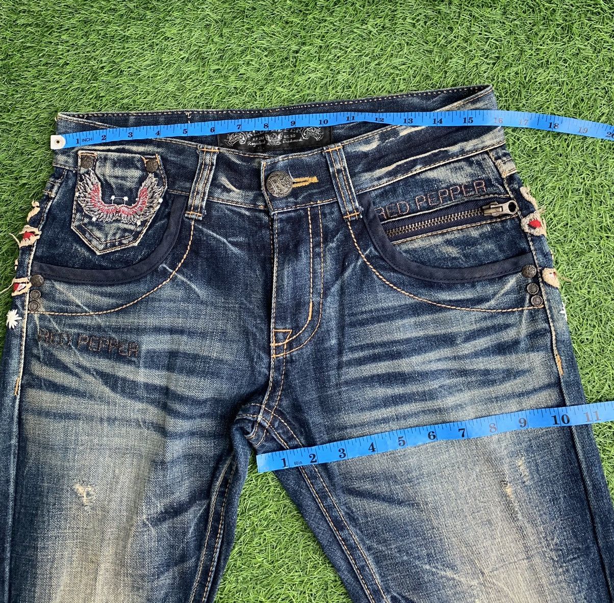 Japanese Brand Red peper embroidery spellout lot of patch distressed denim Size US 31 - 11 Thumbnail