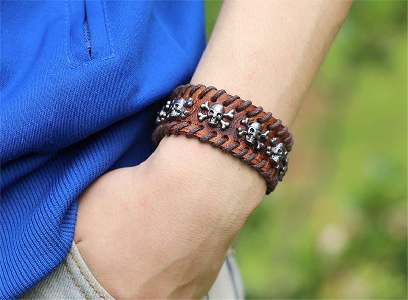 Jewelry Rock Spikes Rivet Gothic Skeleton Wide Cuff Leather Bracelet Size ONE SIZE - 1 Thumbnail