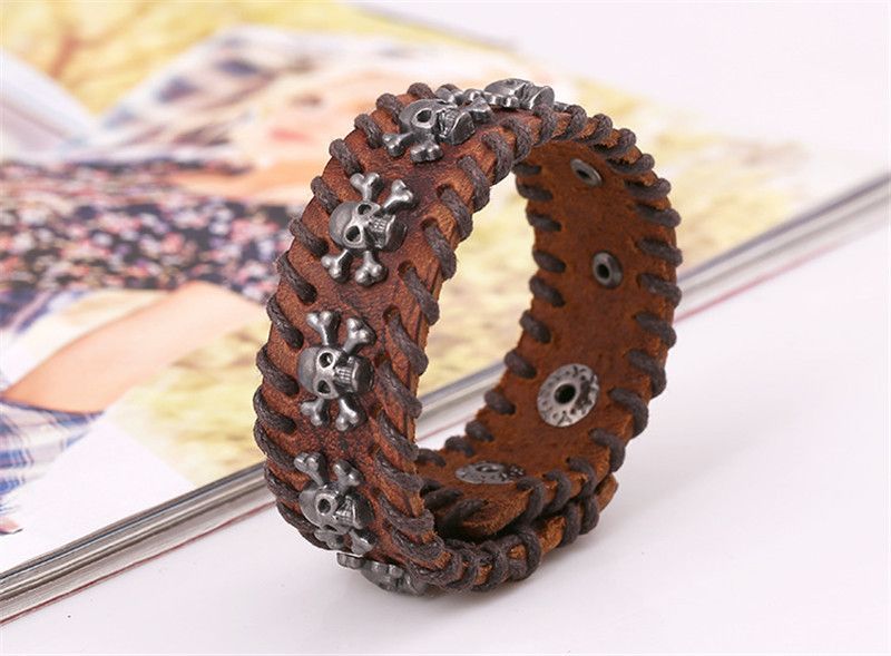 Jewelry Rock Spikes Rivet Gothic Skeleton Wide Cuff Leather Bracelet Size ONE SIZE - 2 Thumbnail