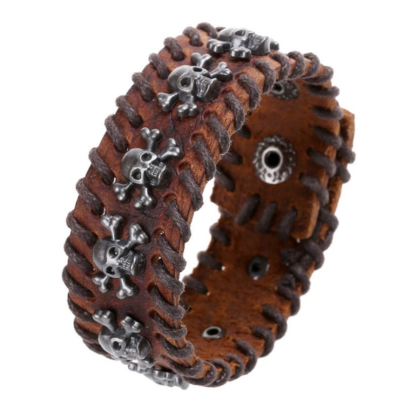 Jewelry Rock Spikes Rivet Gothic Skeleton Wide Cuff Leather Bracelet Size ONE SIZE - 3 Thumbnail