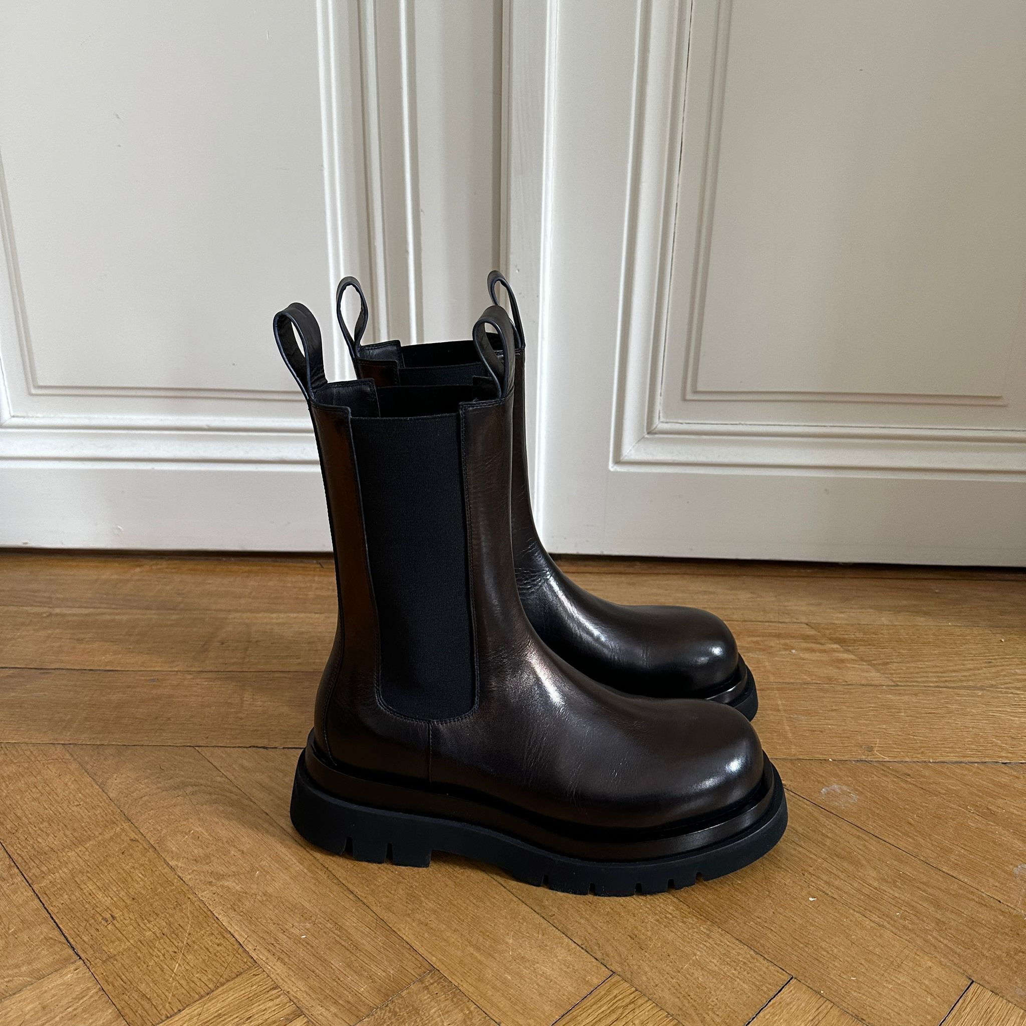 image of Bottega Veneta Black Leather Lug Boots, Men's (Size 9)