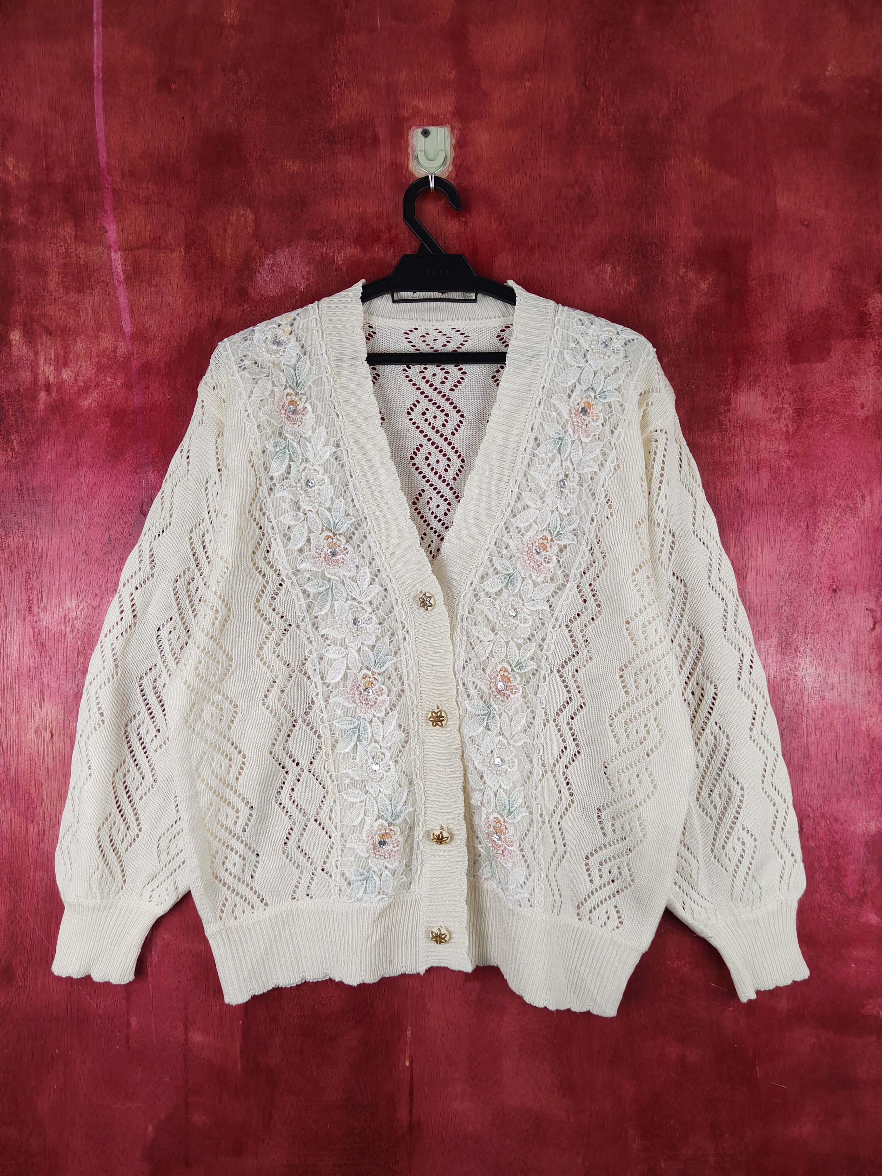 Japanese Brand Japanese Brand Cream Crochet Meshnet Knitwear Cardigan #S968 Size L / US 10 / IT 46 - 1 Thumbnail