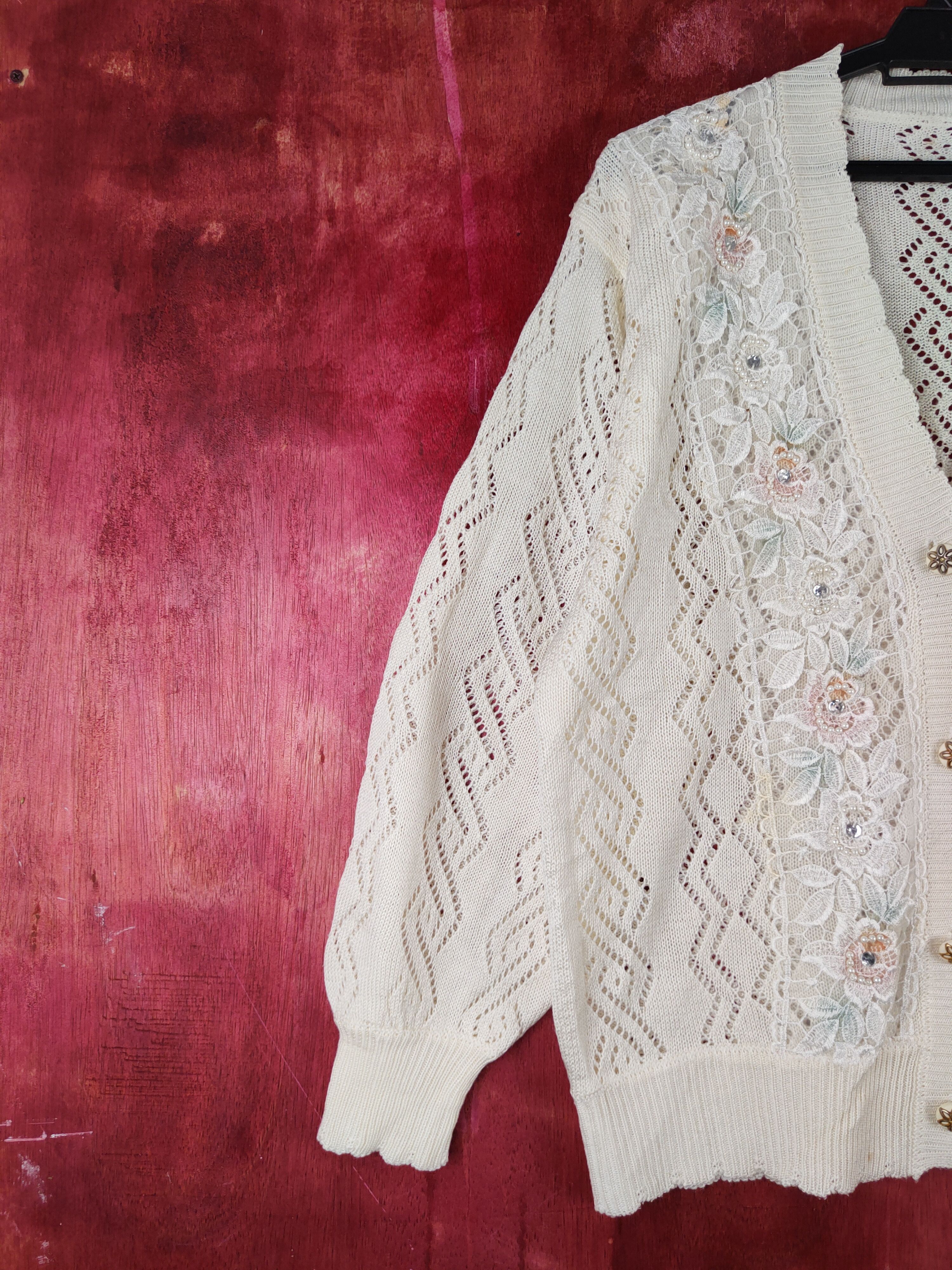Japanese Brand Japanese Brand Cream Crochet Meshnet Knitwear Cardigan #S968 Size L / US 10 / IT 46 - 3 Thumbnail