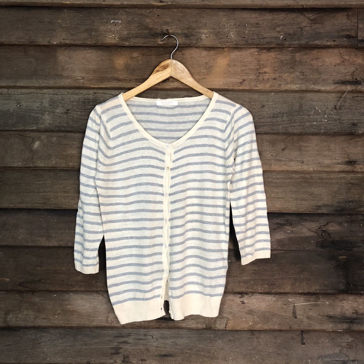 Japanese Brand Chocol Raffine Stripe White Cardigan thin #7253 Size S / US 4 / IT 40 - 1 Thumbnail