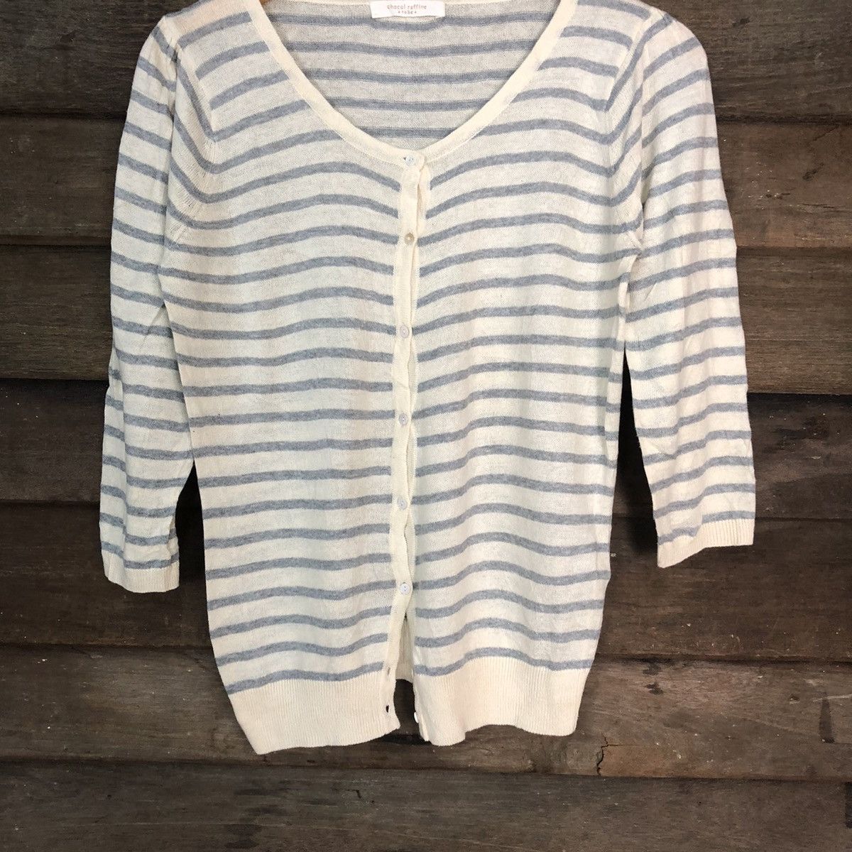 Japanese Brand Chocol Raffine Stripe White Cardigan thin #7253 Size S / US 4 / IT 40 - 3 Thumbnail