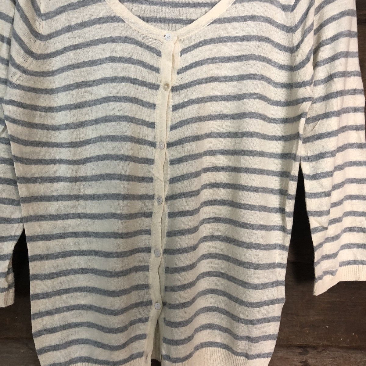 Japanese Brand Chocol Raffine Stripe White Cardigan thin #7253 Size S / US 4 / IT 40 - 5 Thumbnail