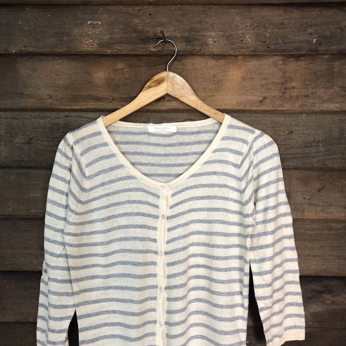 Japanese Brand Chocol Raffine Stripe White Cardigan thin #7253 Size S / US 4 / IT 40 - 2 Thumbnail