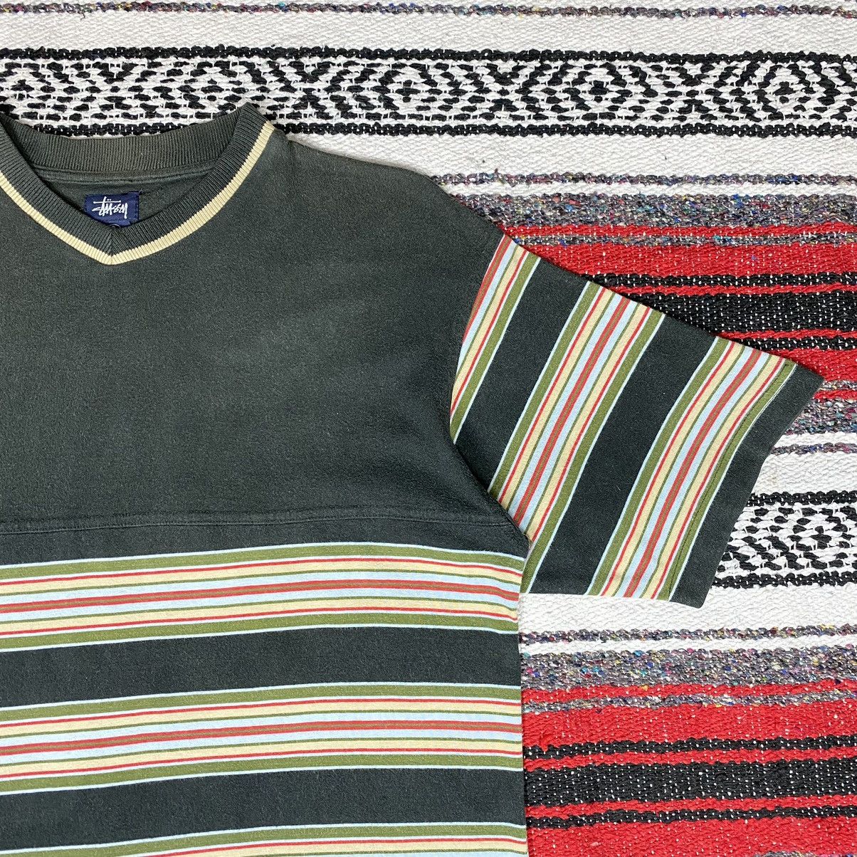 Stussy 💥Distressed💥Vintage Stussy Stripe Vneck Shirt Stussy Skate Size US S / EU 44-46 / 1 - 7 Thumbnail