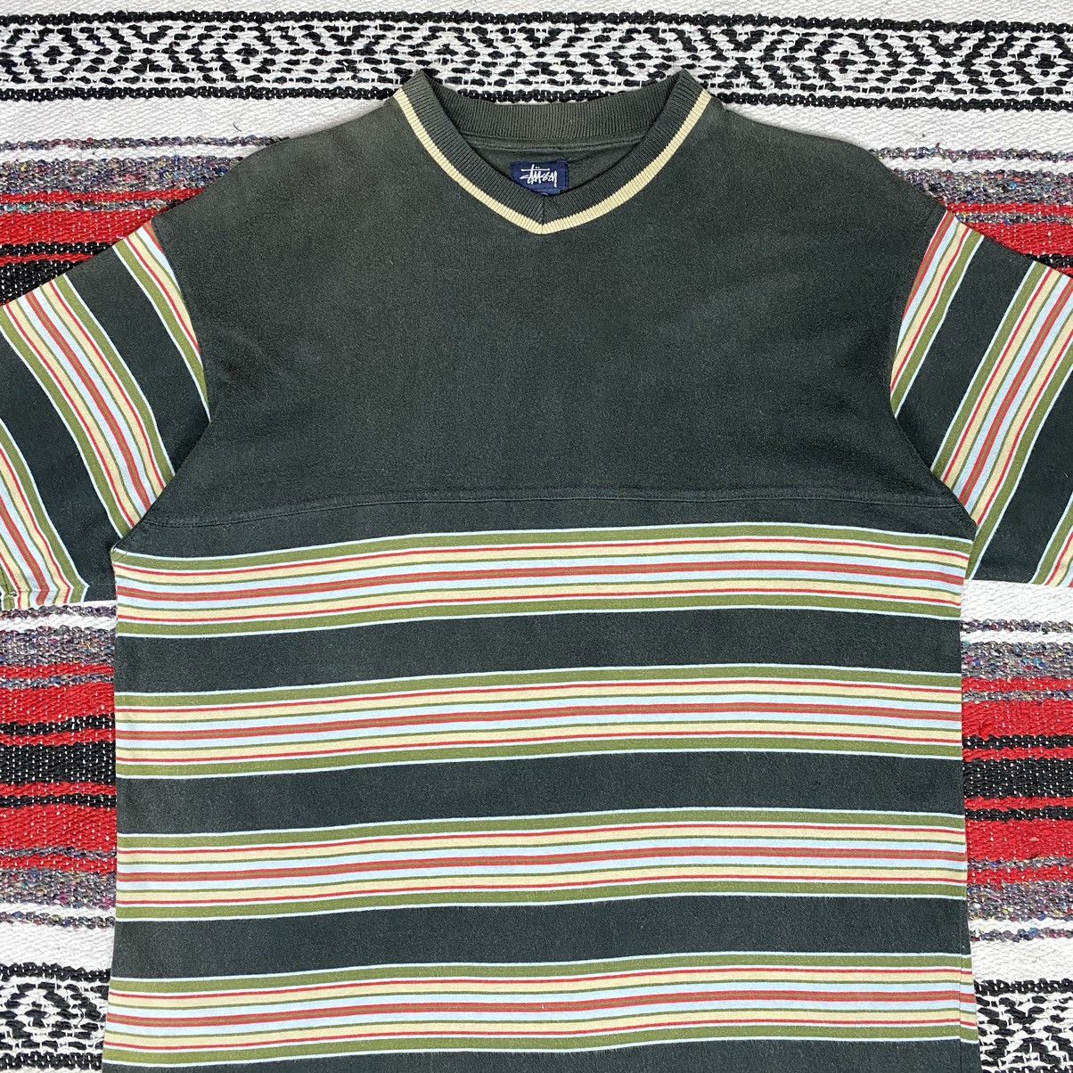 Stussy 💥Distressed💥Vintage Stussy Stripe Vneck Shirt Stussy Skate Size US S / EU 44-46 / 1 - 5 Thumbnail