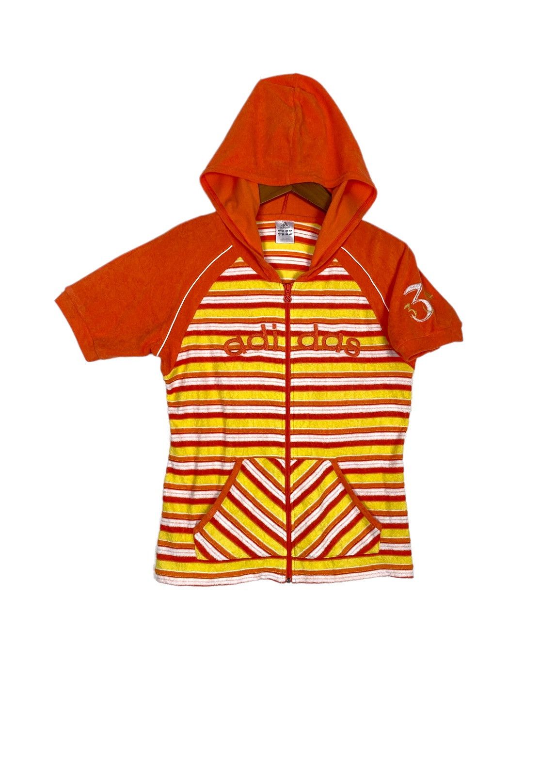 image of Adidas No 3 Stripe Hoodie Embroidery Spellout in Orange, Women's (Size Small)