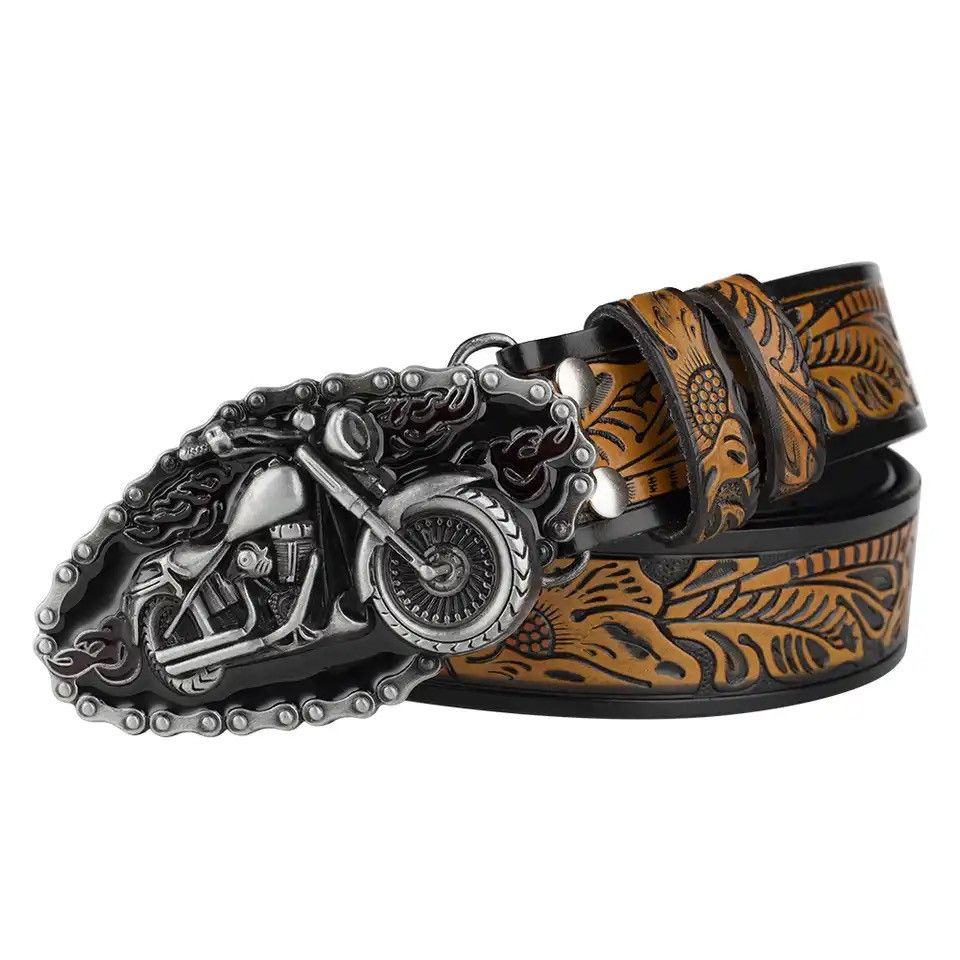 Leather Embossed Lerther Belt Cowboy Motorcycle Buckle Size ONE SIZE - 4 Thumbnail