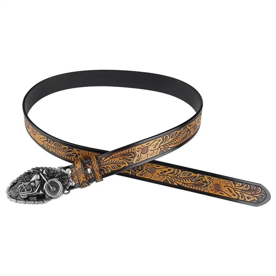 Leather Embossed Lerther Belt Cowboy Motorcycle Buckle Size ONE SIZE - 5 Thumbnail
