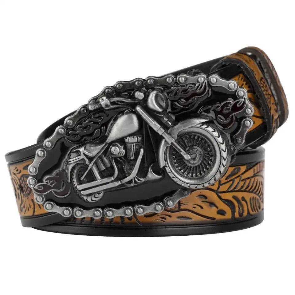 Leather Embossed Lerther Belt Cowboy Motorcycle Buckle Size ONE SIZE - 1 Thumbnail