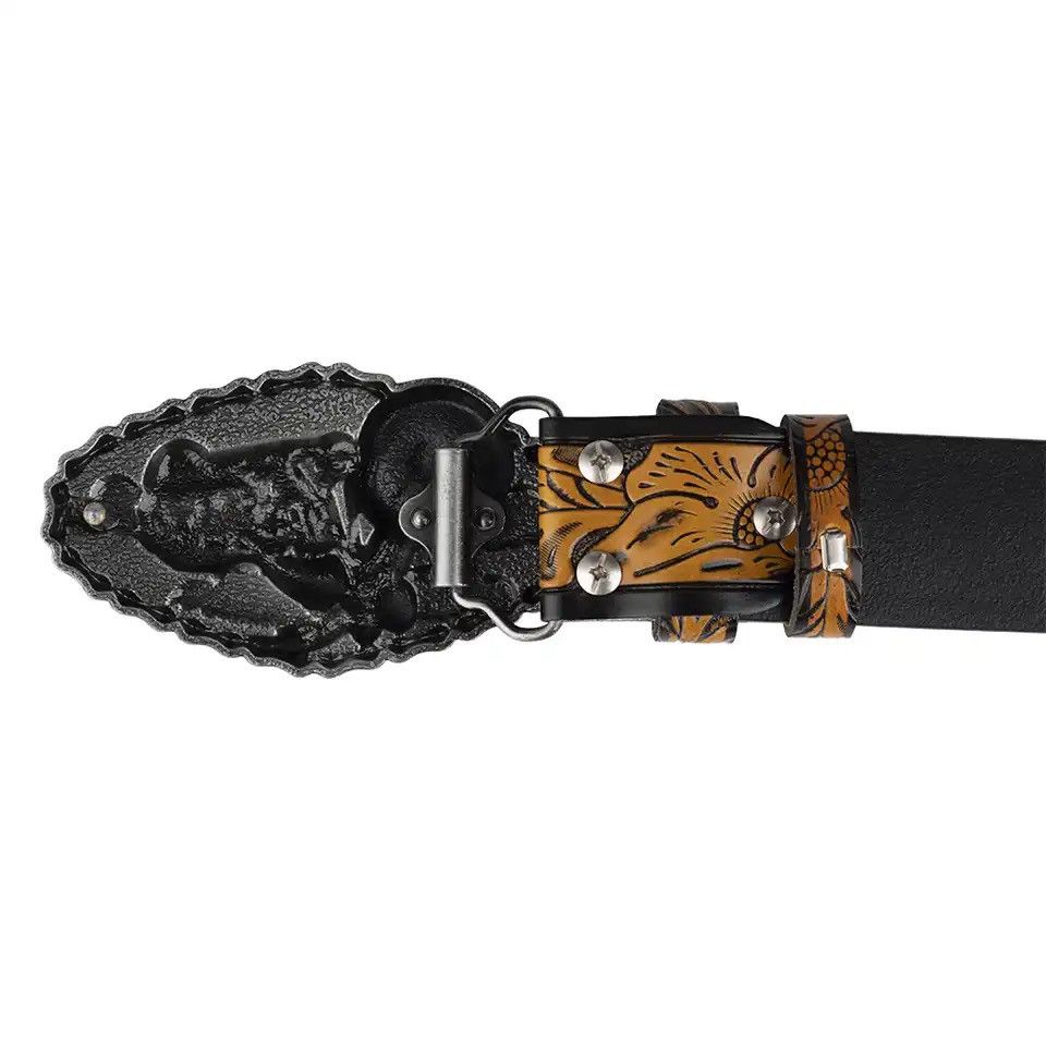 Leather Embossed Lerther Belt Cowboy Motorcycle Buckle Size ONE SIZE - 2 Thumbnail