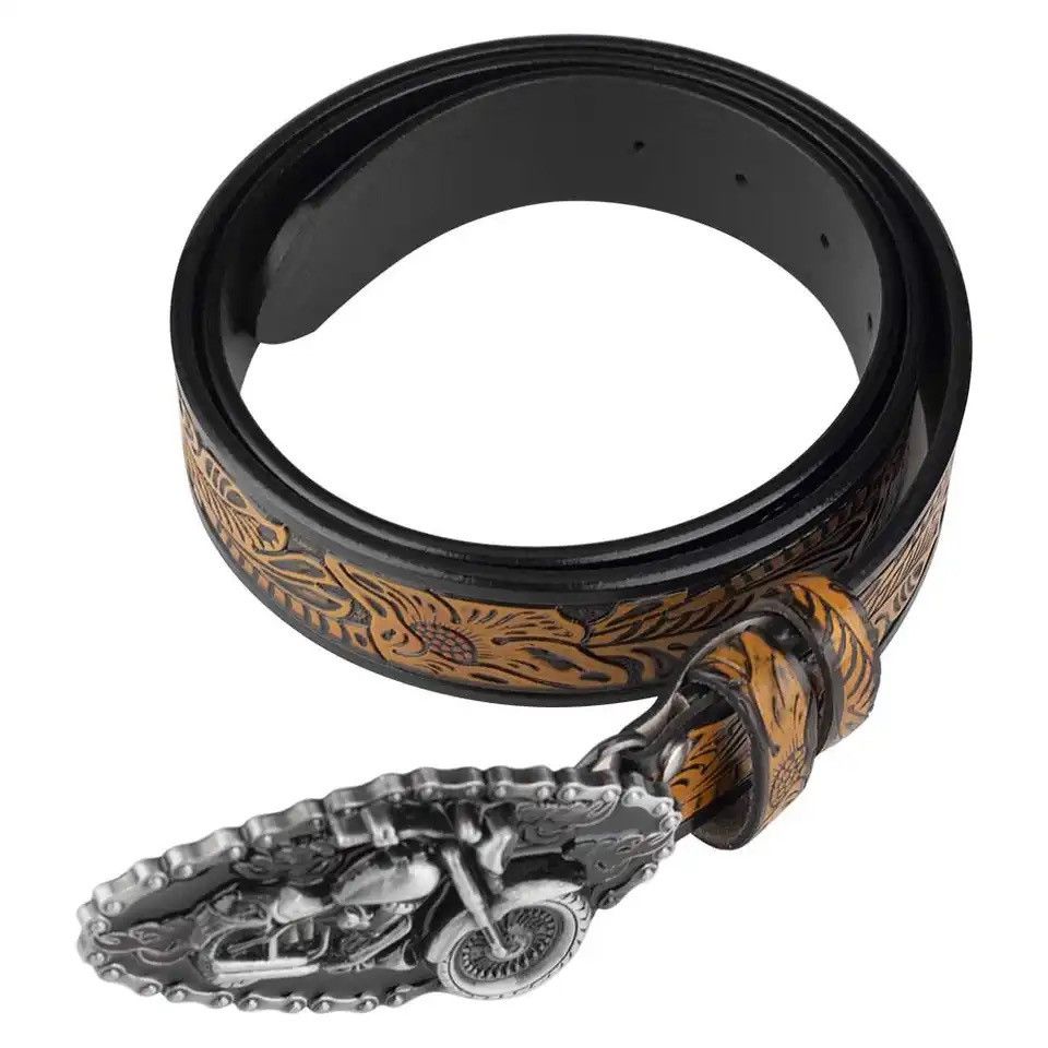 Leather Embossed Lerther Belt Cowboy Motorcycle Buckle Size ONE SIZE - 6 Thumbnail