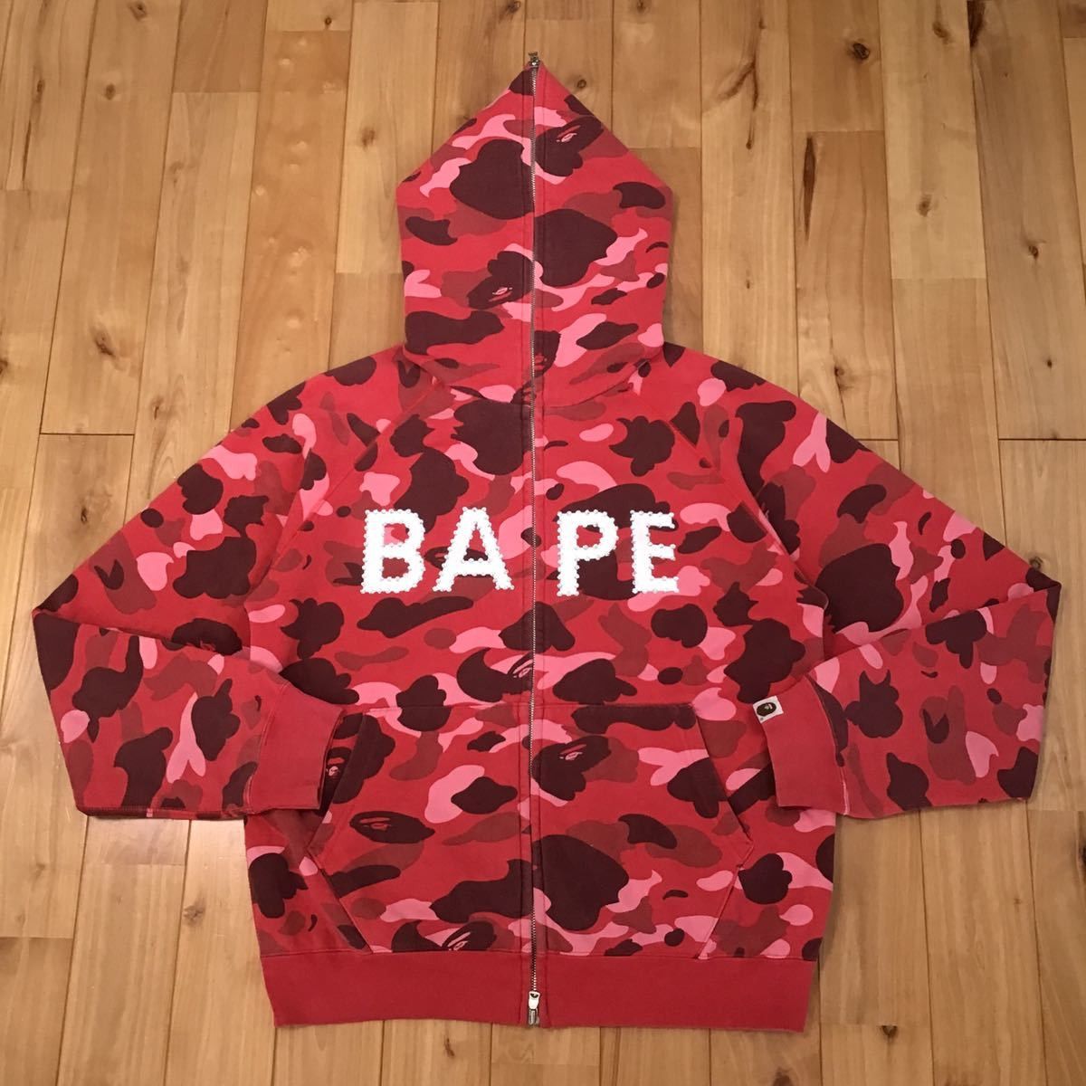 image of Swarovski Bape Logo Full Zip Hoodie Red Camo, Men's (Size Small)
