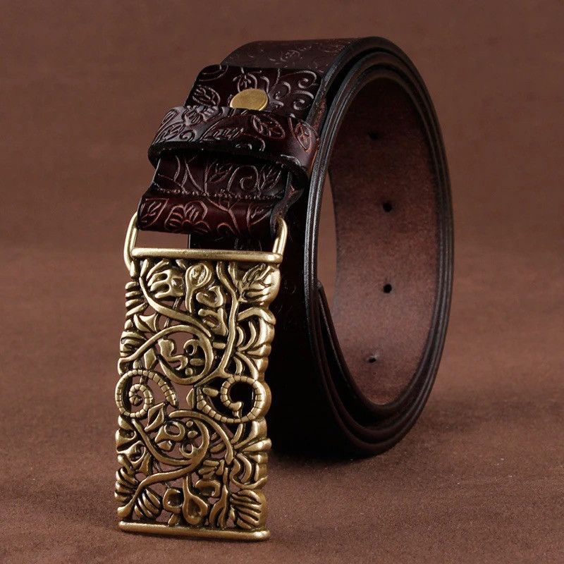 Leather Cowskin Leather Lady Belt Vintage Pin Buckle Hollow Flower Size ONE SIZE - 1 Thumbnail