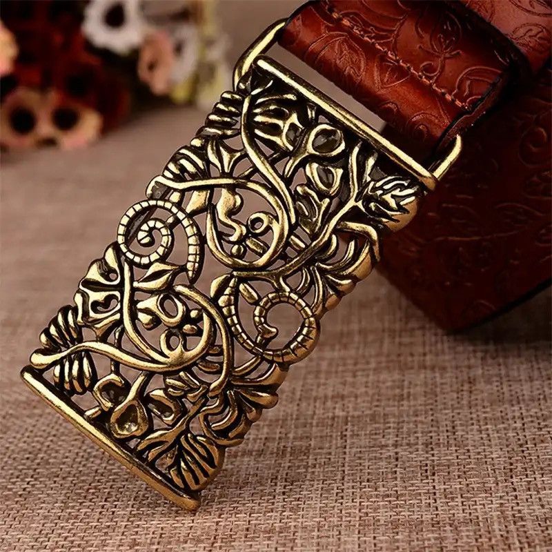 Leather Cowskin Leather Lady Belt Vintage Pin Buckle Hollow Flower Size ONE SIZE - 2 Thumbnail