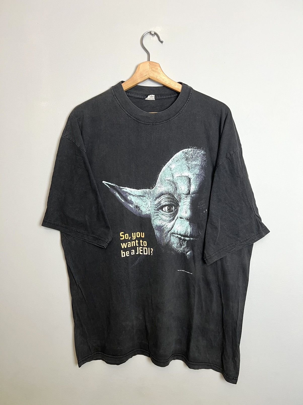 image of Movie x Star Wars 1996 Yoda Want To Be Jedi Star Wars Vintage Tee Star Trek in Faded Black (Size XL