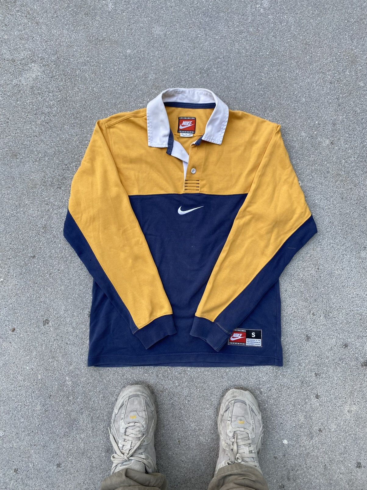 image of Y2K Nike Center Swoosh Long Sleeves Rugby Shirt in Blue/Yellow, Men's (Size Small)