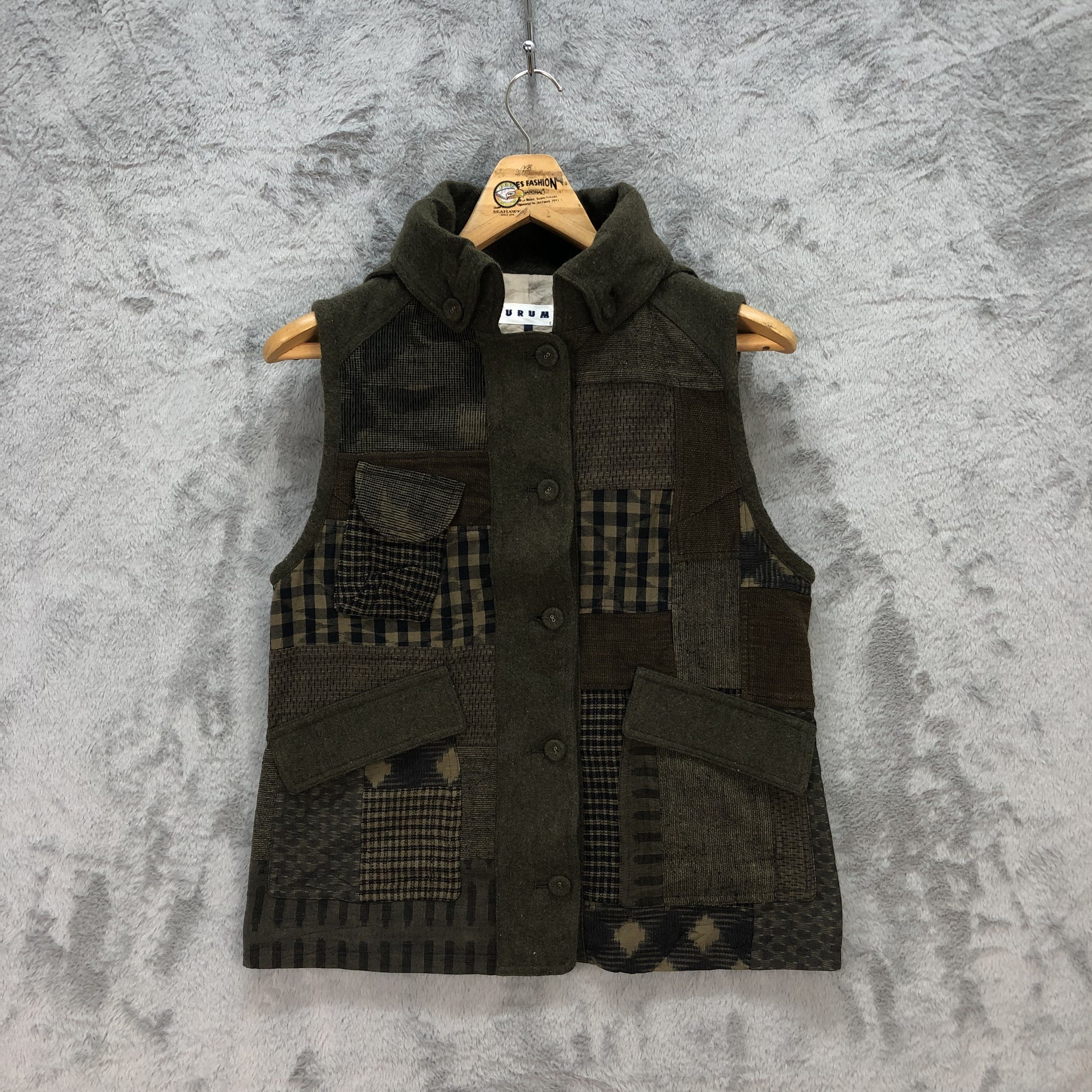 image of Kurumi Nice Design Hooded Wool Vest 5912-213 in Olive Green, Women's (Size Small)
