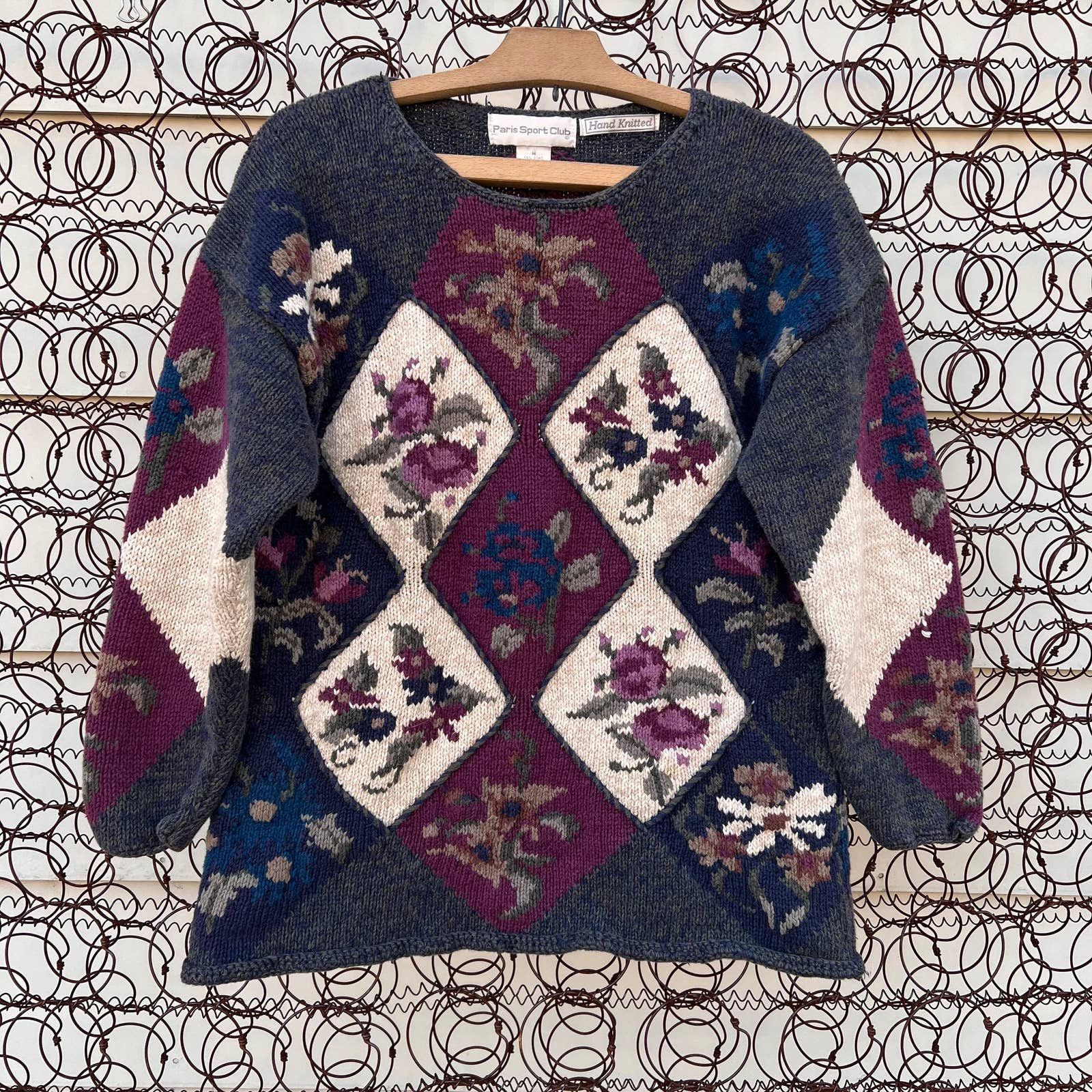 Vintage Paris sport club hand knit floral patchwork sampler sweater ...