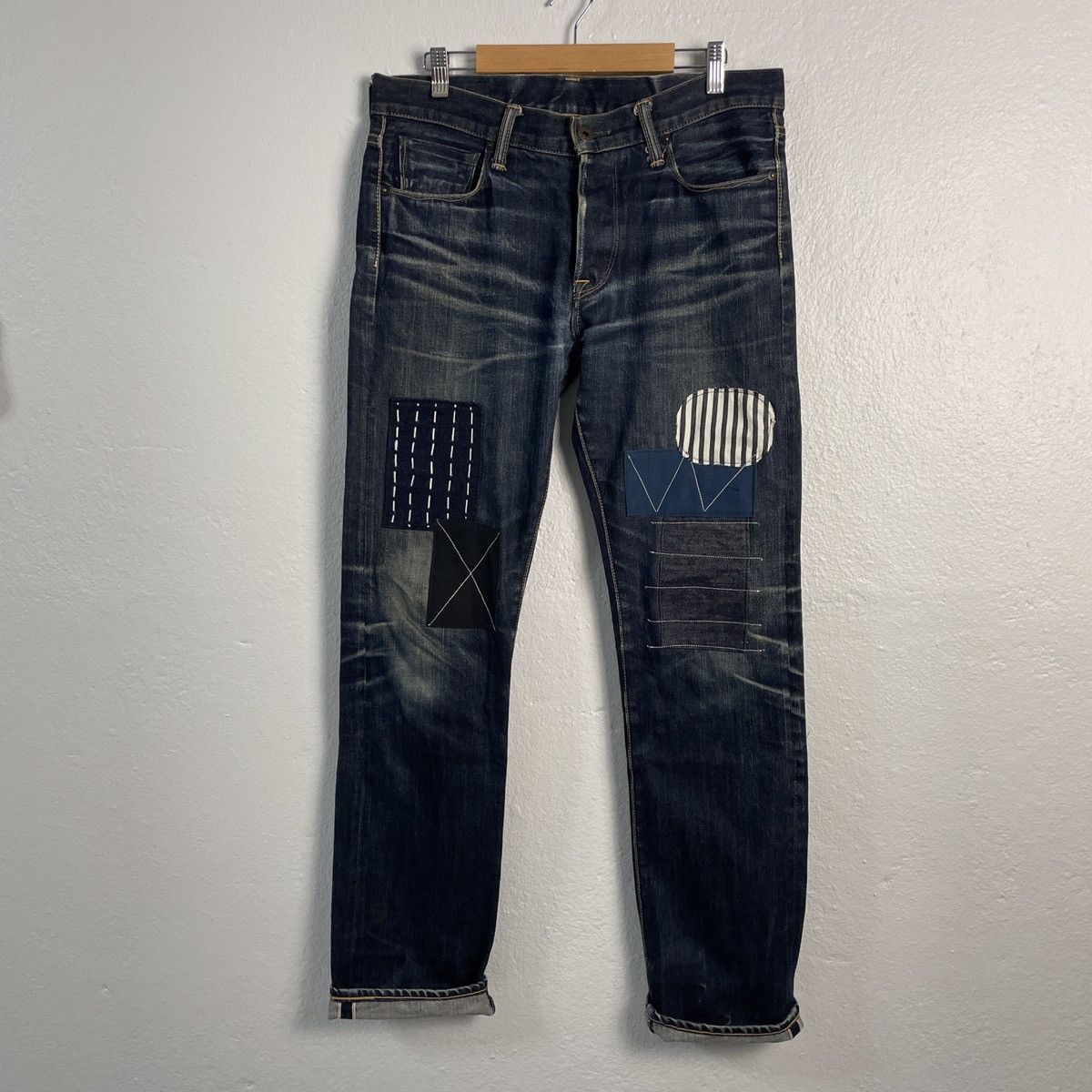 image of Vintage Kuro Patchwork Sashiko Selvedge Denim Jeans in Blue, Men's (Size 33)