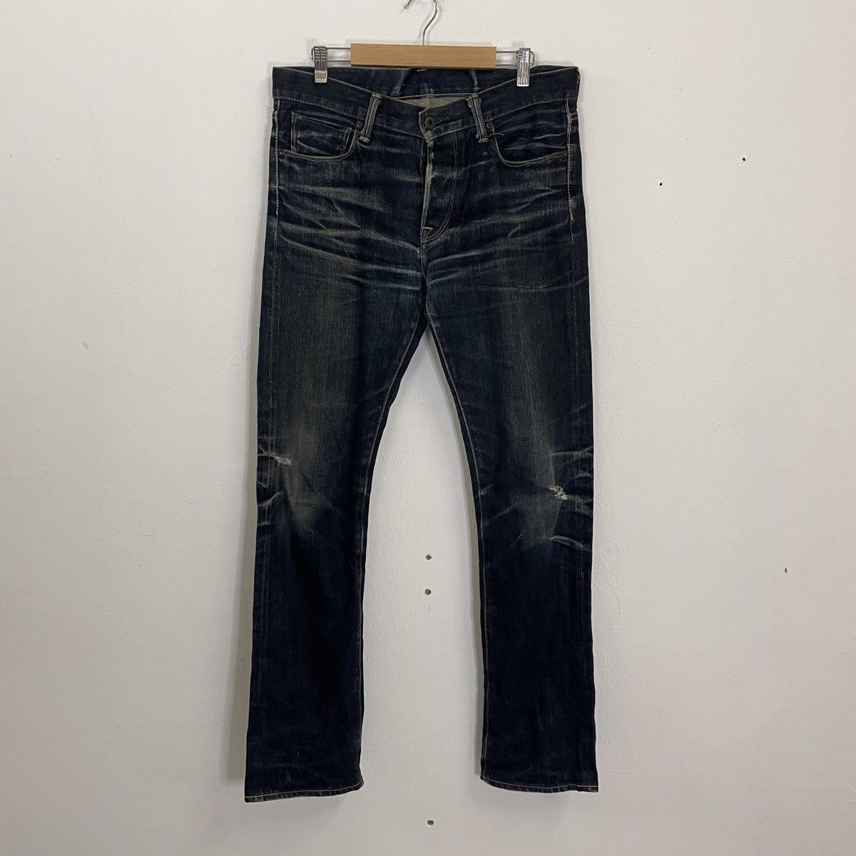 image of Redline!! Vintage Kuro Selvedge Distressed Denim Jeans in Blue, Men's (Size 34)