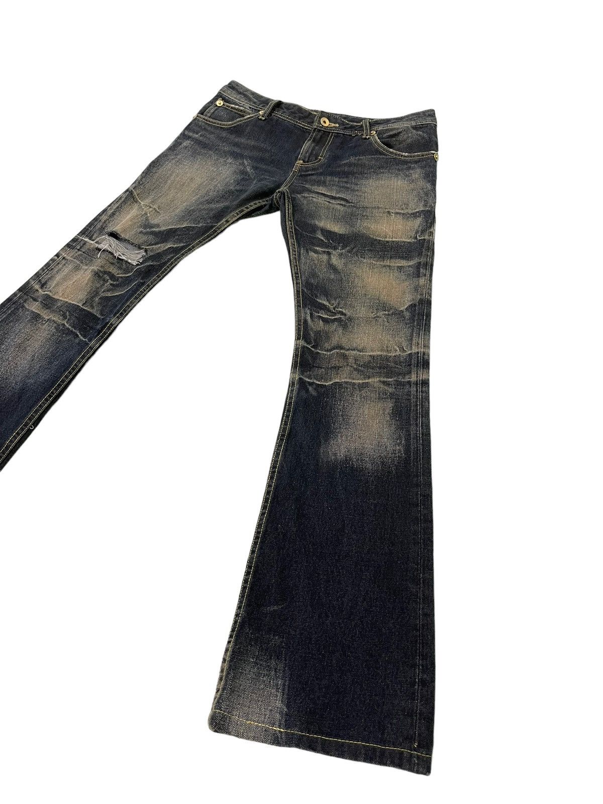 Japanese Brand Flare Jeans Semantic Design Distress Denim Acid Wash 4🟦 Size US 33 - 3 Thumbnail