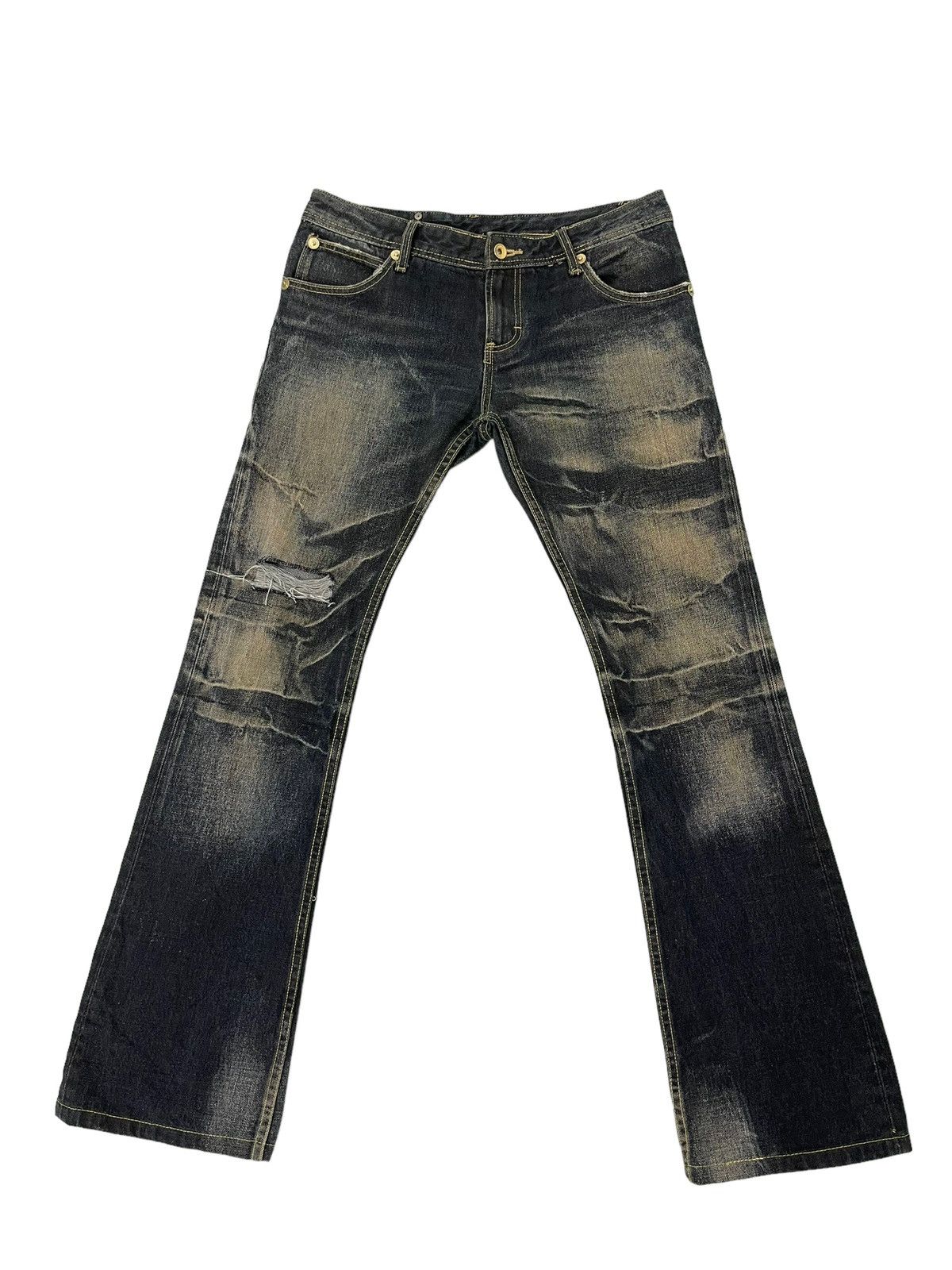 Japanese Brand Flare Jeans Semantic Design Distress Denim Acid Wash 4🟦 Size US 33 - 2 Thumbnail