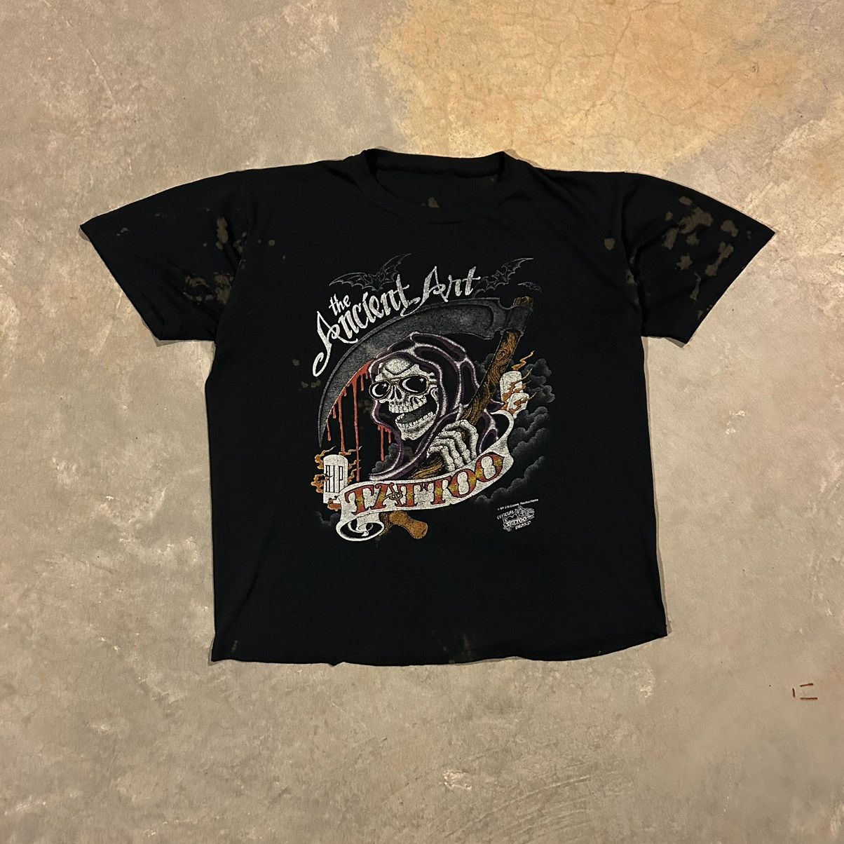 image of Crazy Vintage 1989 The Ancient Art Of Tattoo Thrashed Tee in Black, Men's (Size XL)