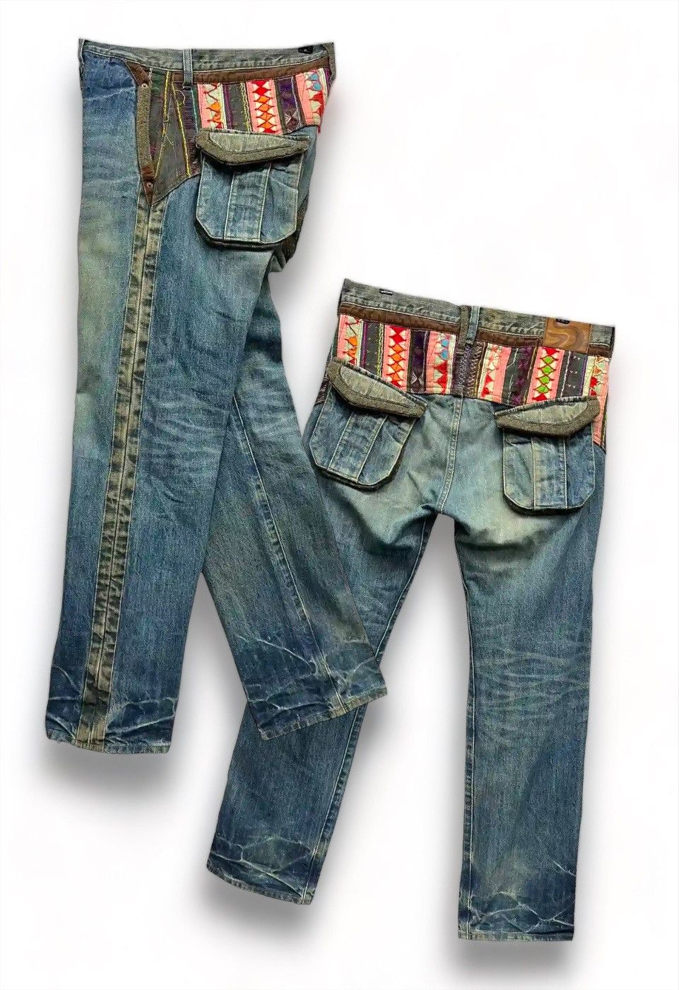 image of Shapel Native Patchwork Mud Wash Distressed Denim in Blue, Men's (Size 32)