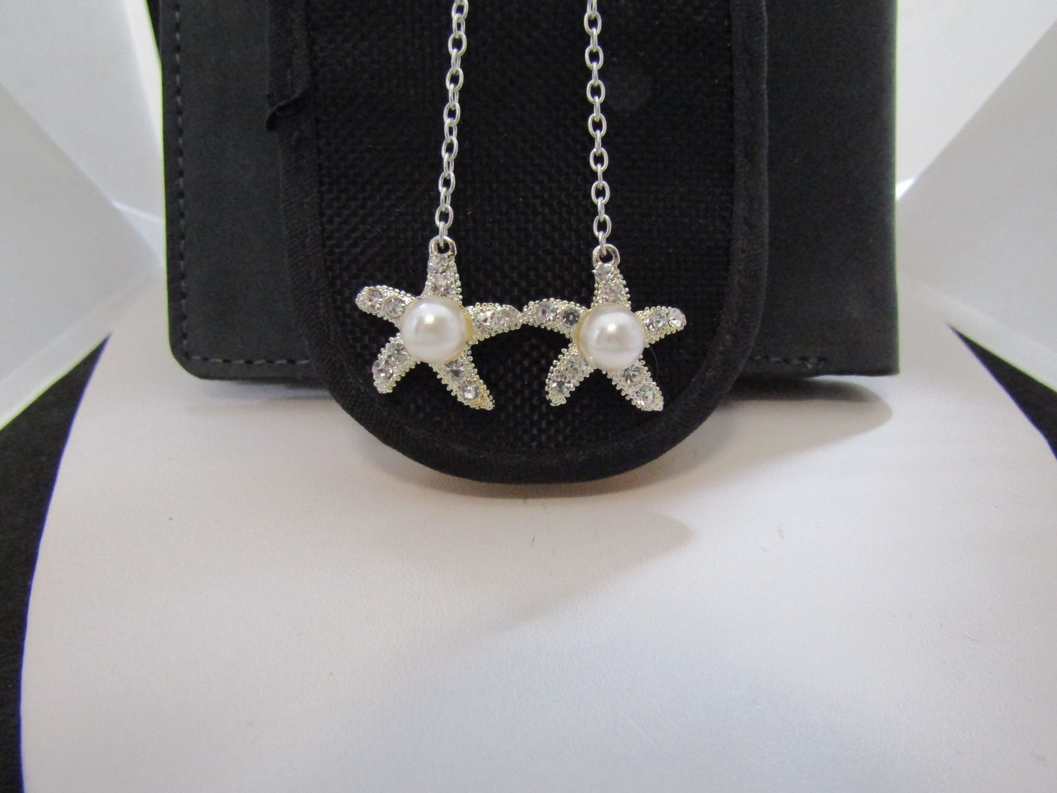 Handmade White Pearl Bead Starfish Dangle Earrings with czs Size ONE SIZE - 3 Thumbnail