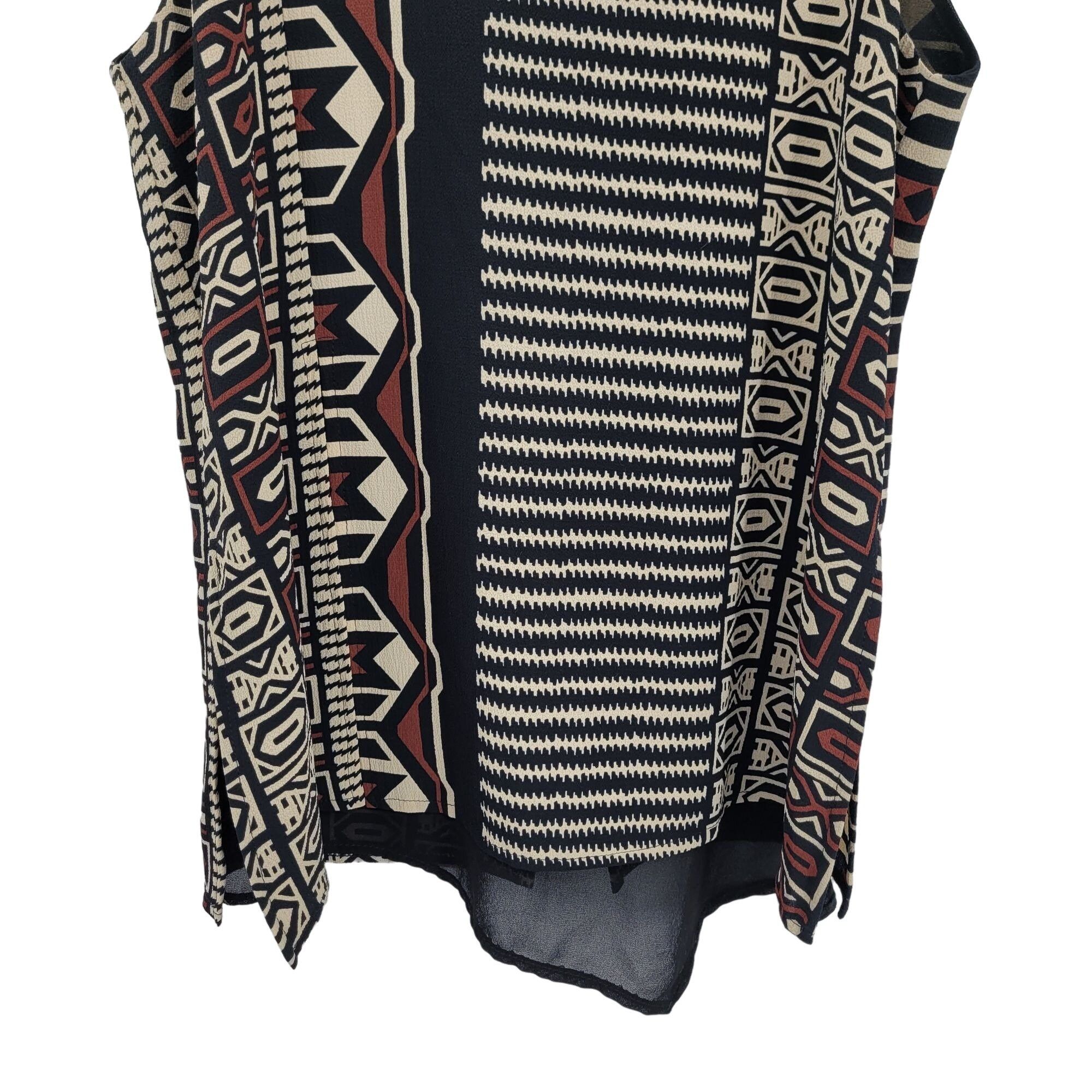 80s Sleeveless Tunic Blouse L Black Artsy Lagenlook Tribal