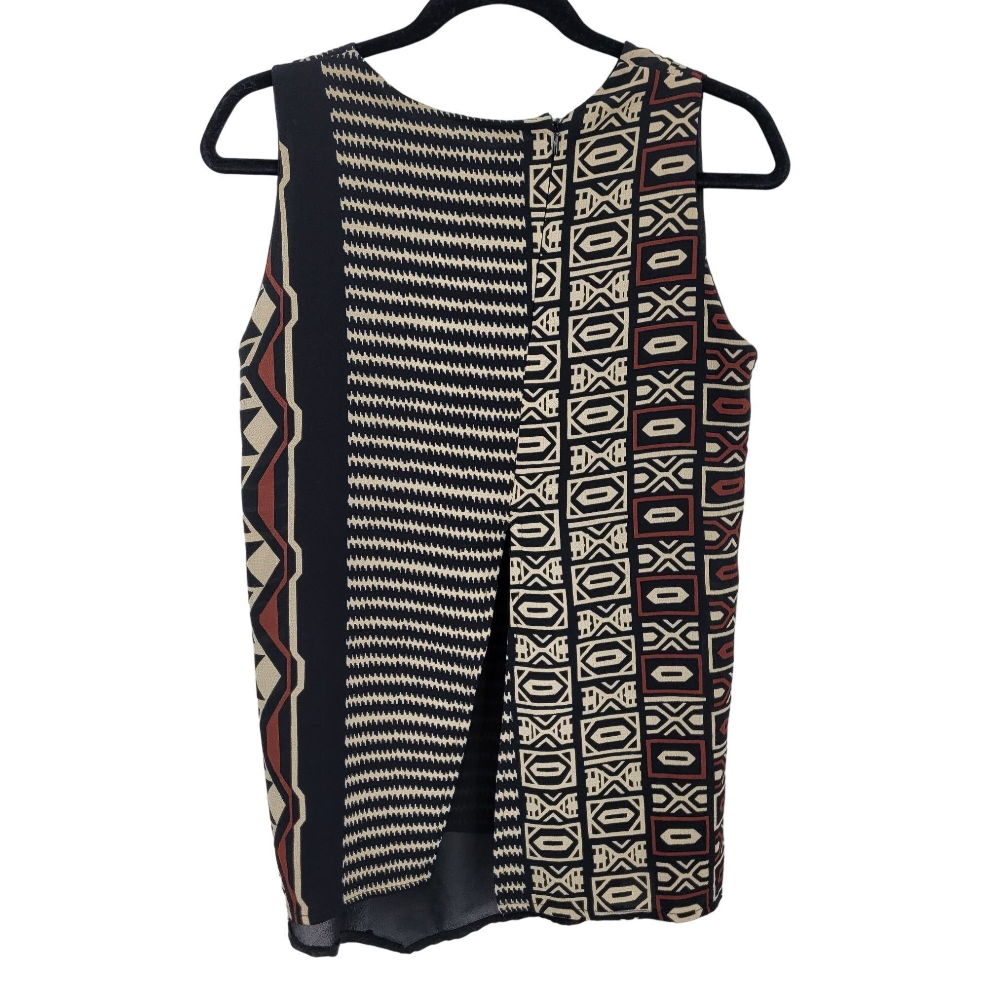 80s Sleeveless Tunic Blouse L Black Artsy Lagenlook Tribal