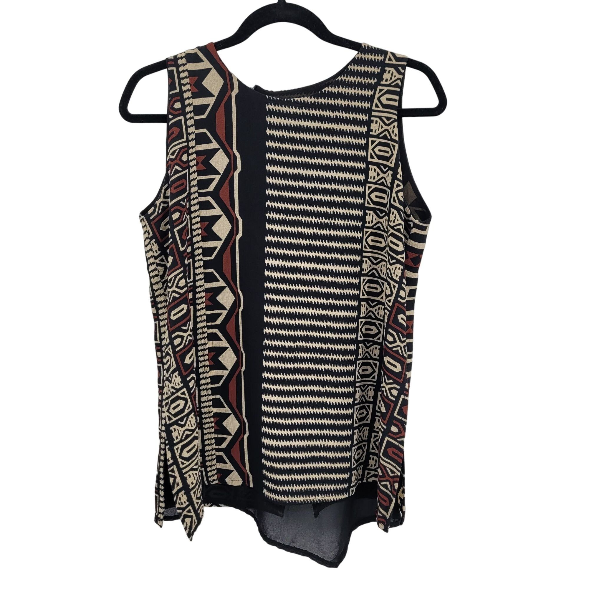 80s Sleeveless Tunic Blouse L Black Artsy Lagenlook Tribal