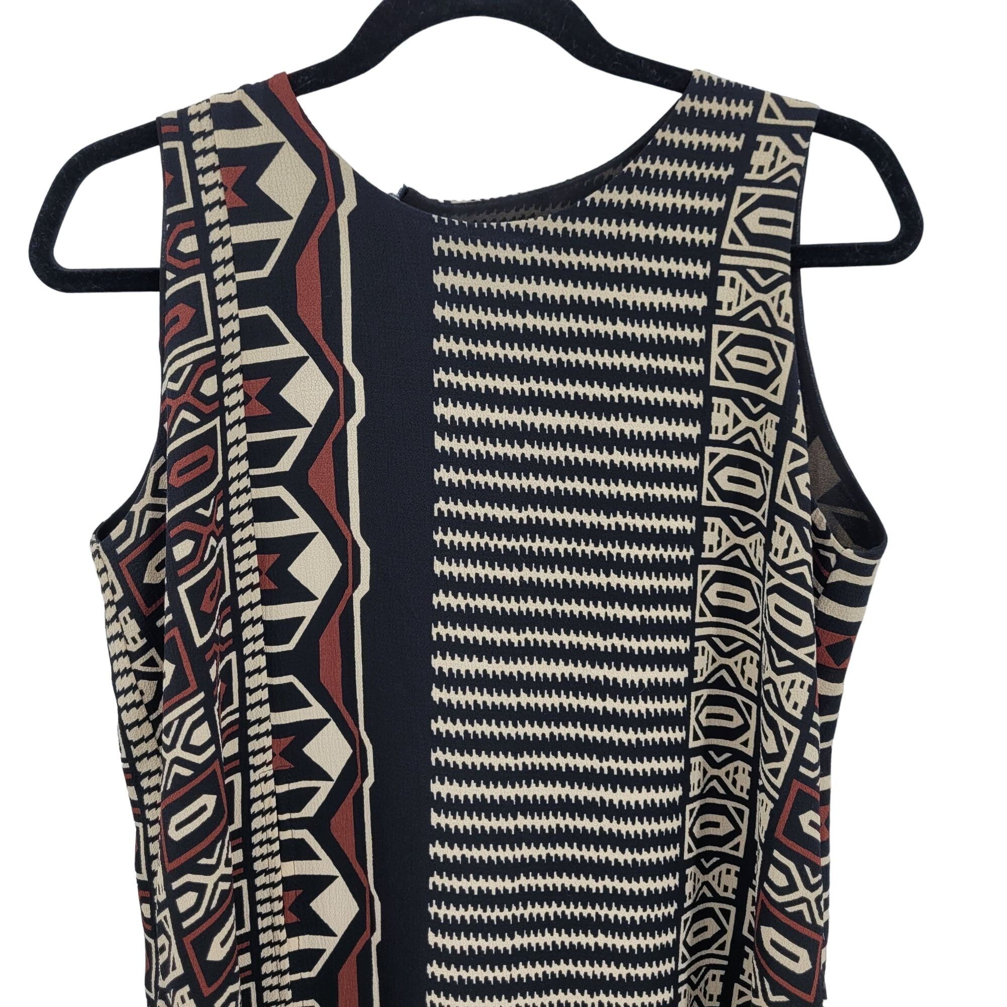 80s Sleeveless Tunic Blouse L Black Artsy Lagenlook Tribal