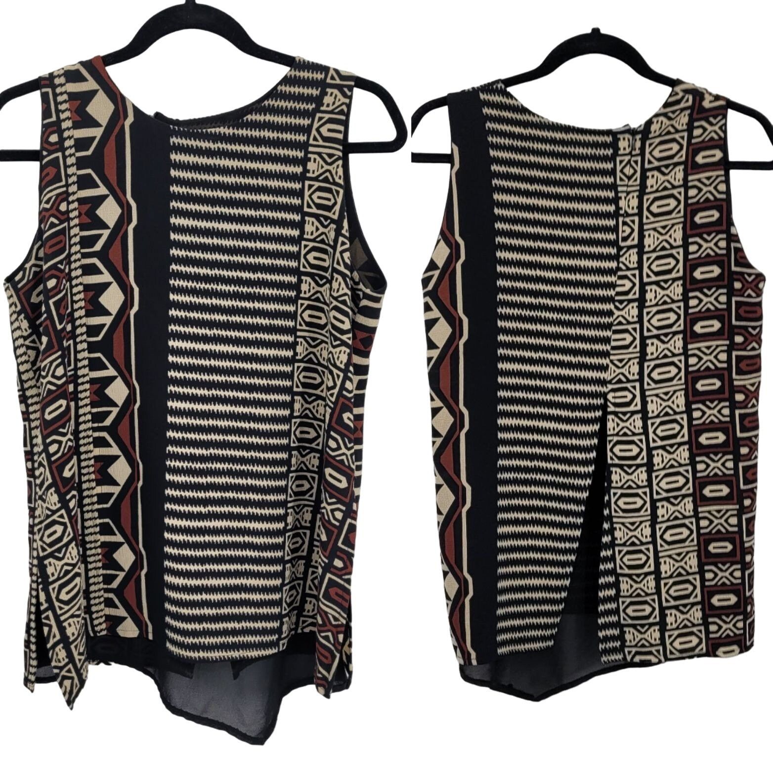 80s Sleeveless Tunic Blouse L Black Artsy Lagenlook Tribal