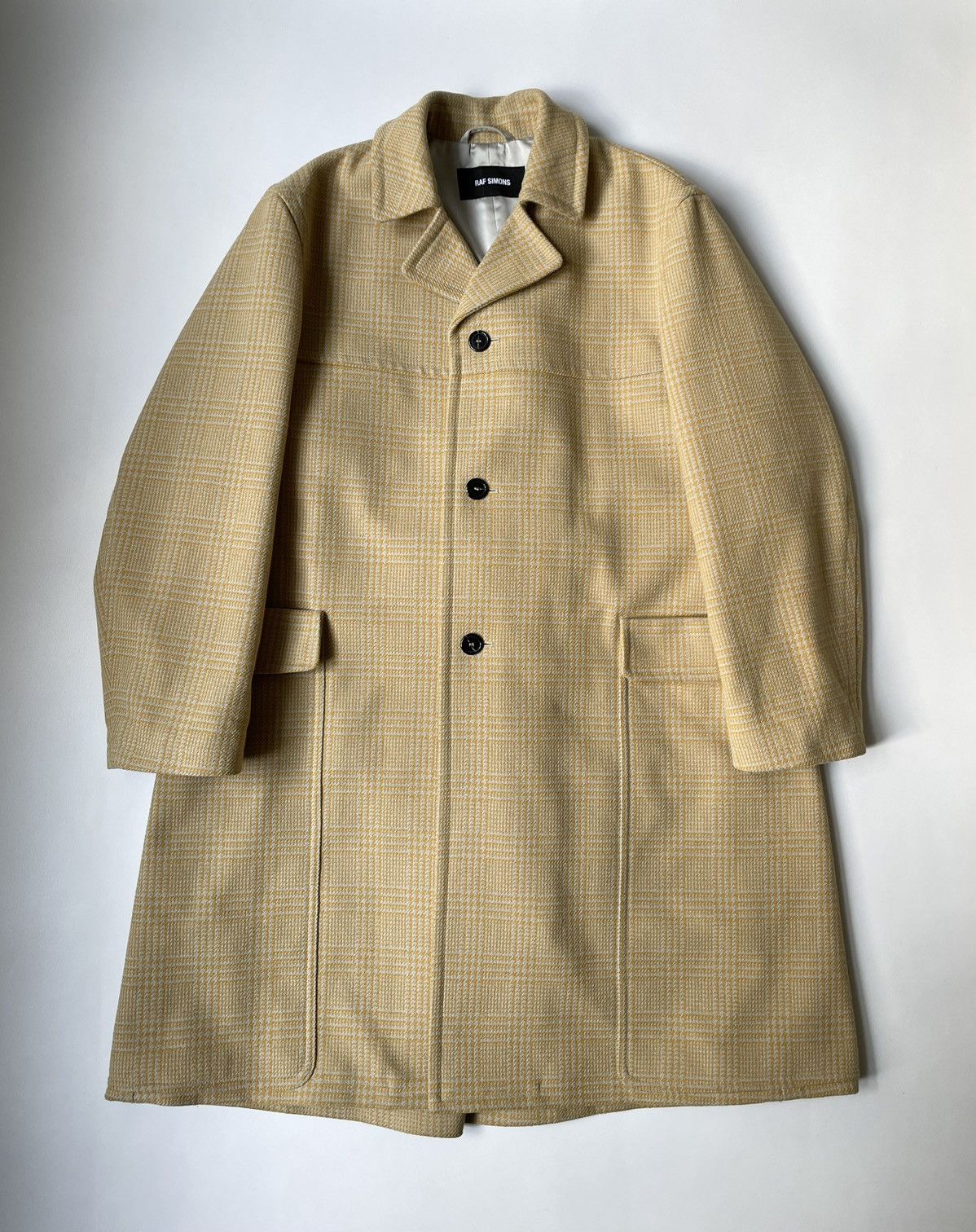 image of Raf Simons A/w 18 ‘Spacer’ Check Wool Overcoat in Yellow/Cream, Men's (Size Small)