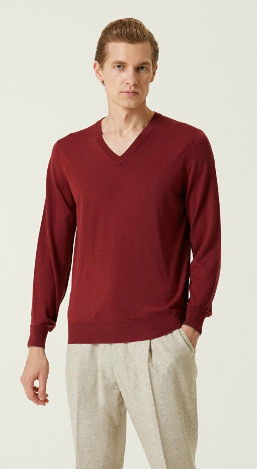 image of Brunello Cucinelli Burgundy V-Neck Wool Cashmere Sweater S, Men's (Size Small)