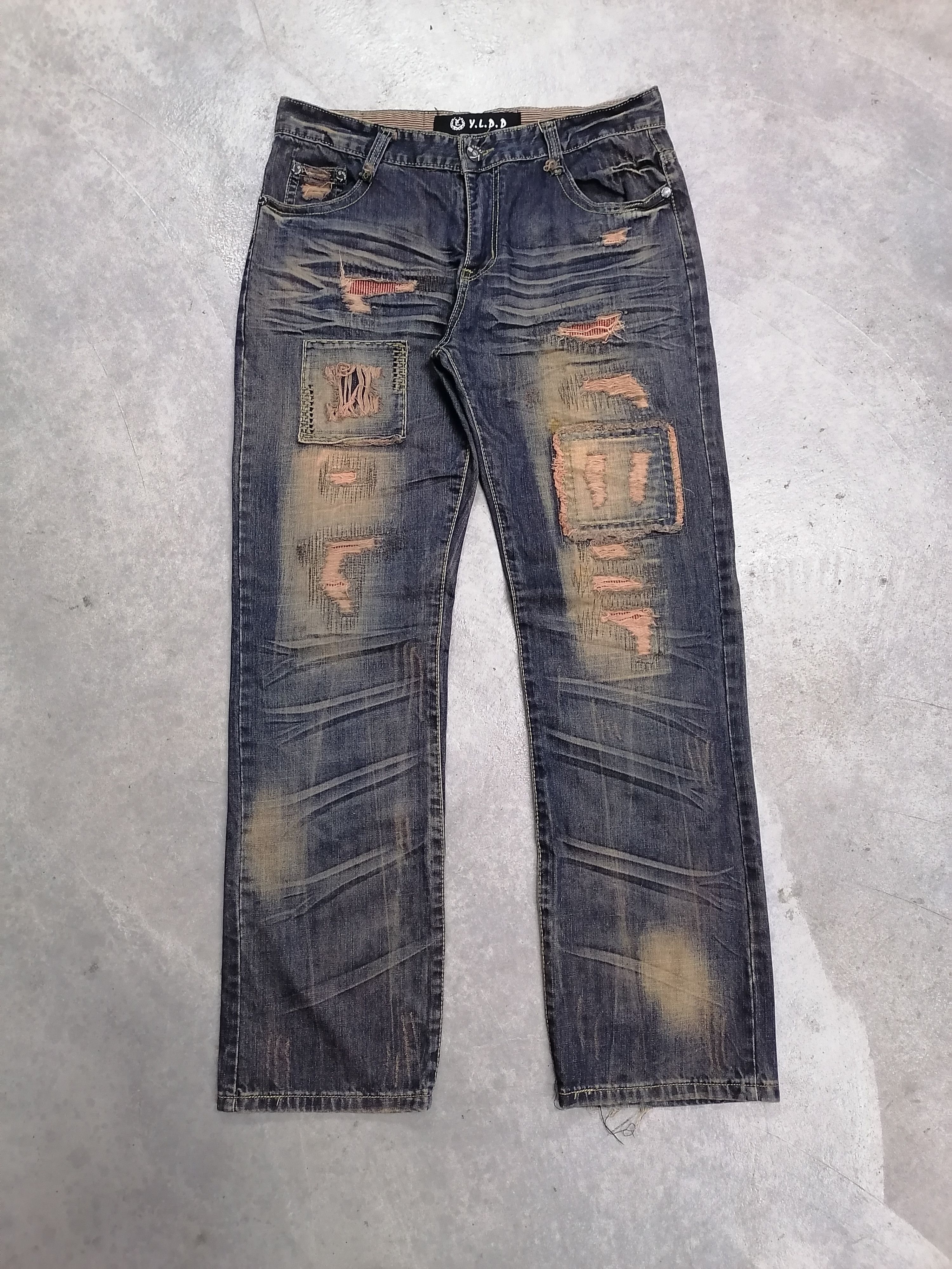 Japanese Brand 🔥Rusty Blue Patchwork Y.L.D.D Distressed Denim Jeans⚡⚡⚡ Size US 34 / EU 50 - 2 Thumbnail