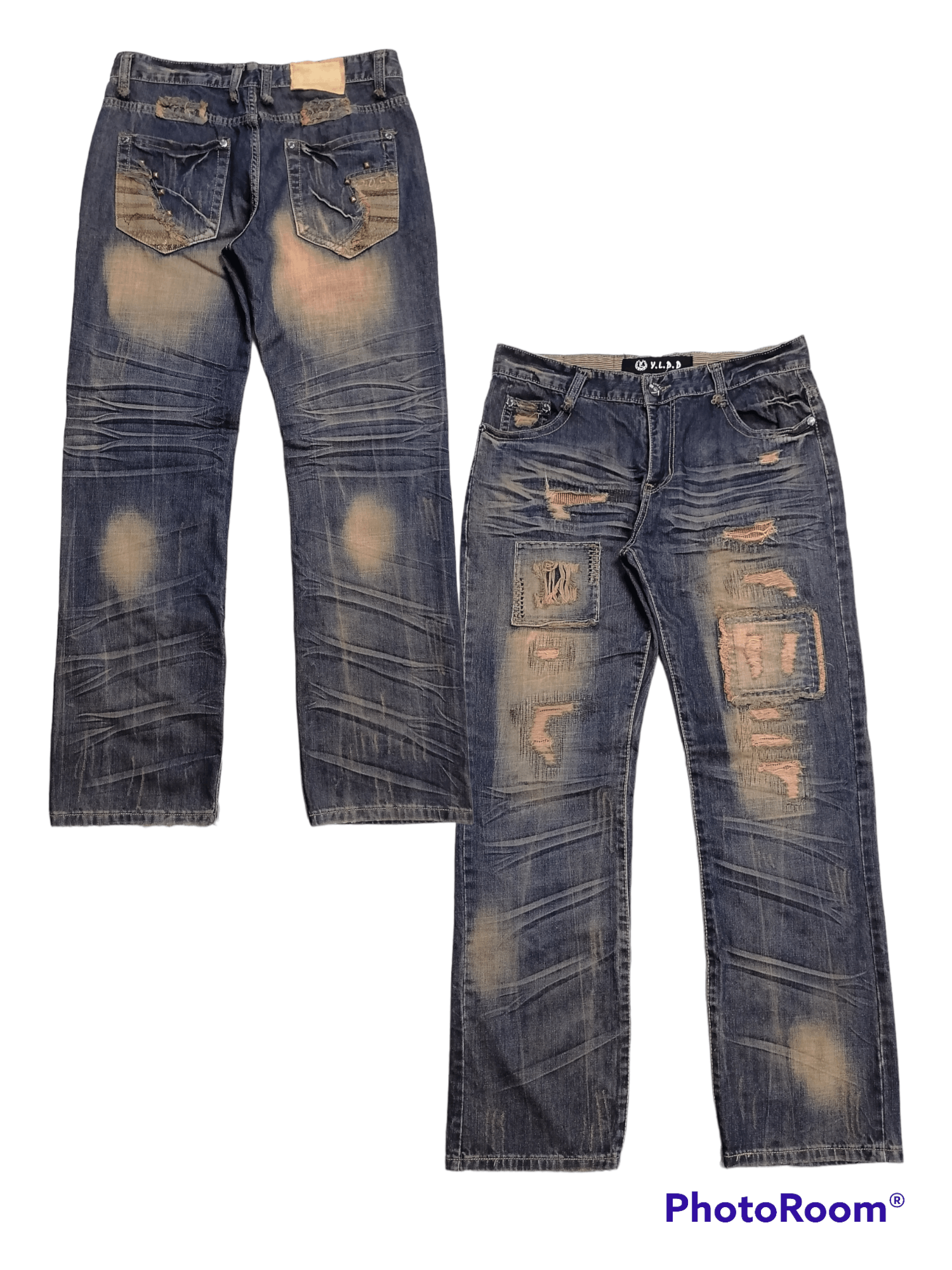 image of Vintage Rusty Blue Patchwork Y.l.d.d Claw Mark Denim Jeans, Men's (Size 34)