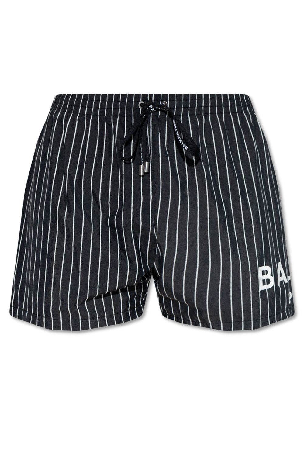 image of Balmain Black White Striped Logo Print Swim Shorts Trunks Xl, Men's (Size 36)