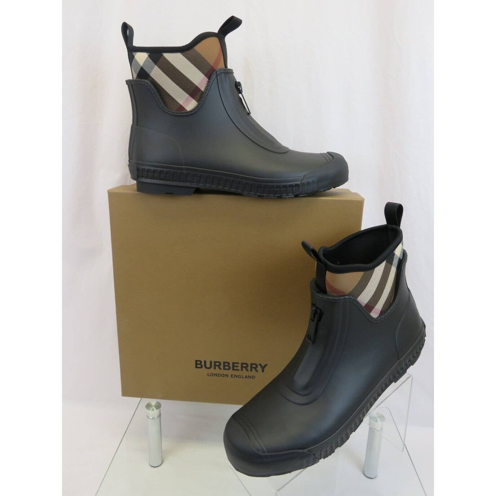 Burberry FLINTON BLACK RUBBER BEIGE CHECK SOCK ANKLE RAIN BOOTS 13 46 Size US 13 / EU 46 - 2 Thumbnail