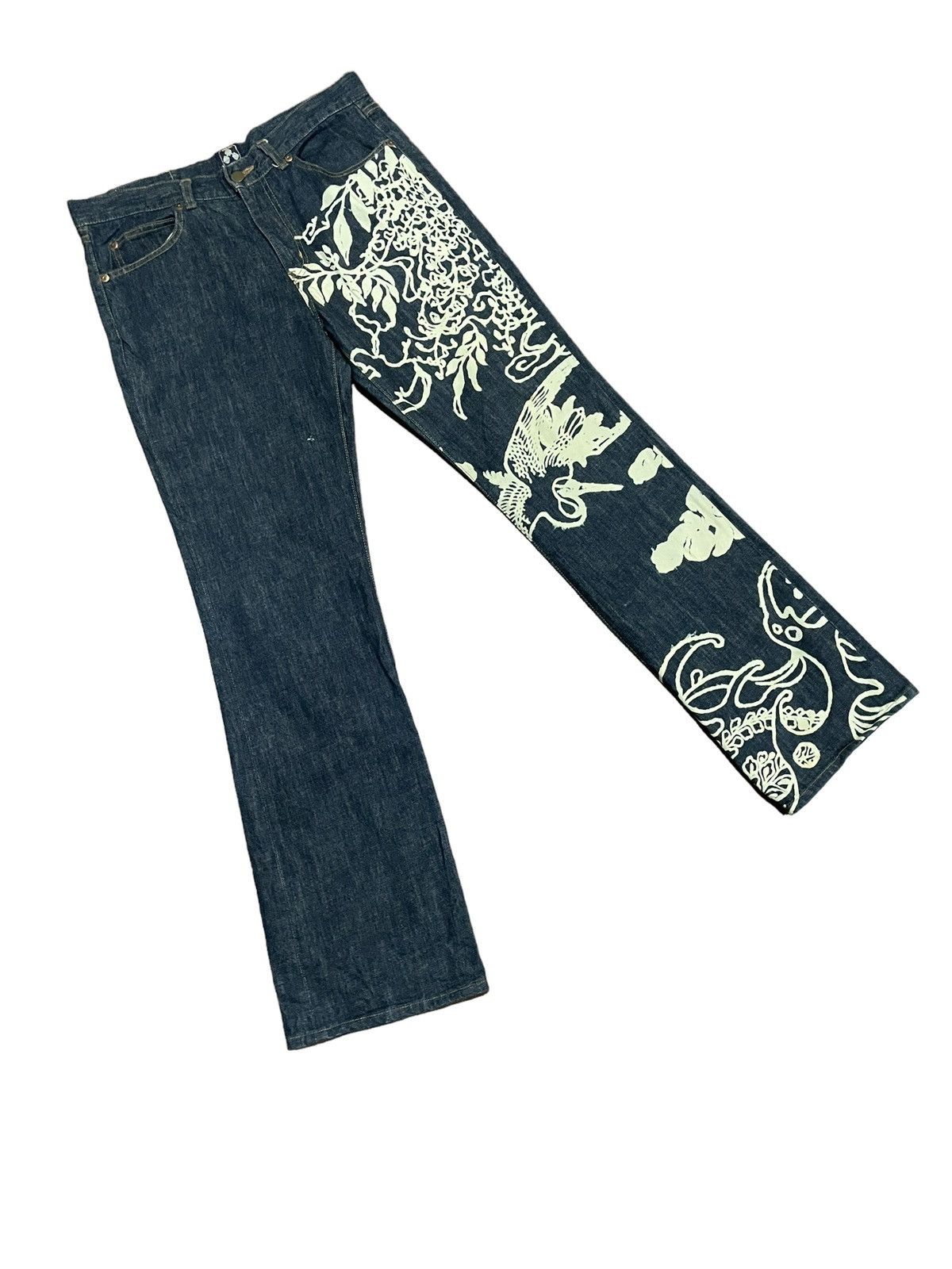 Japanese Brand Rare💥Chikiriya Japan AOP Distressed Statement Jeans Size US 34 / EU 50 - 2 Thumbnail