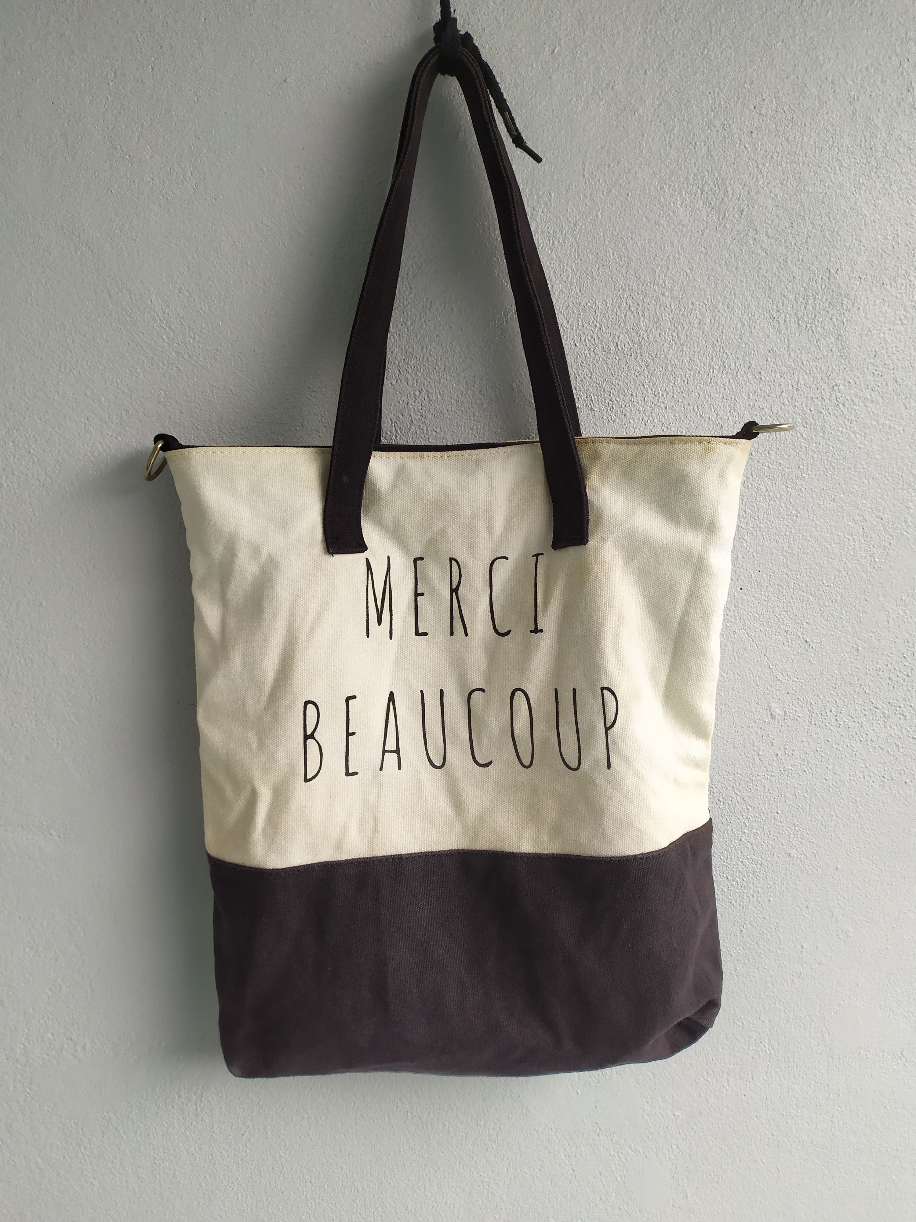 Merci cotton tote bag - Khaki & Yellow