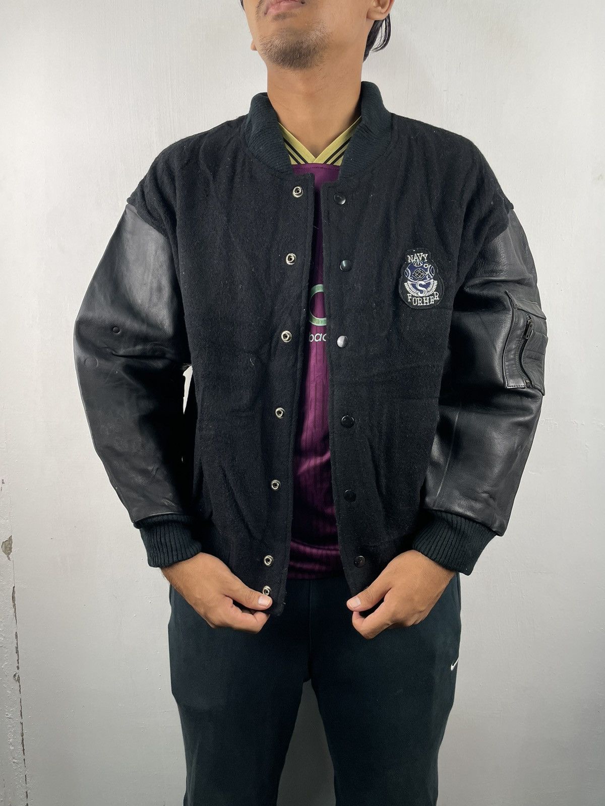Japanese Brand Vintage Navy Military Varsity Leather Jacket Baggy For Her Size M / US 6-8 / IT 42-44 - 3 Thumbnail
